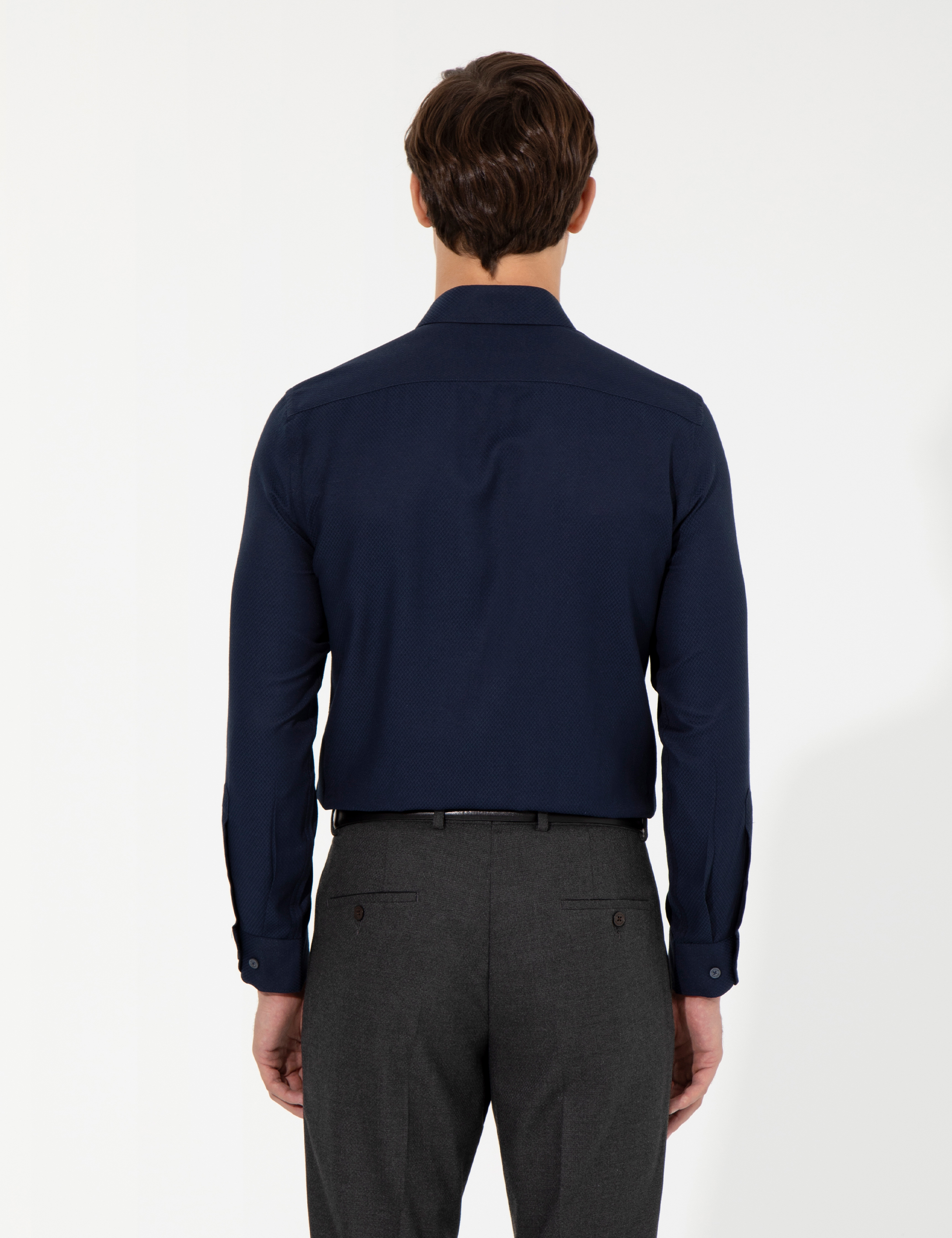 Lacivert Slim Fit Armürlü Uzun Kollu Gömlek - Image 5