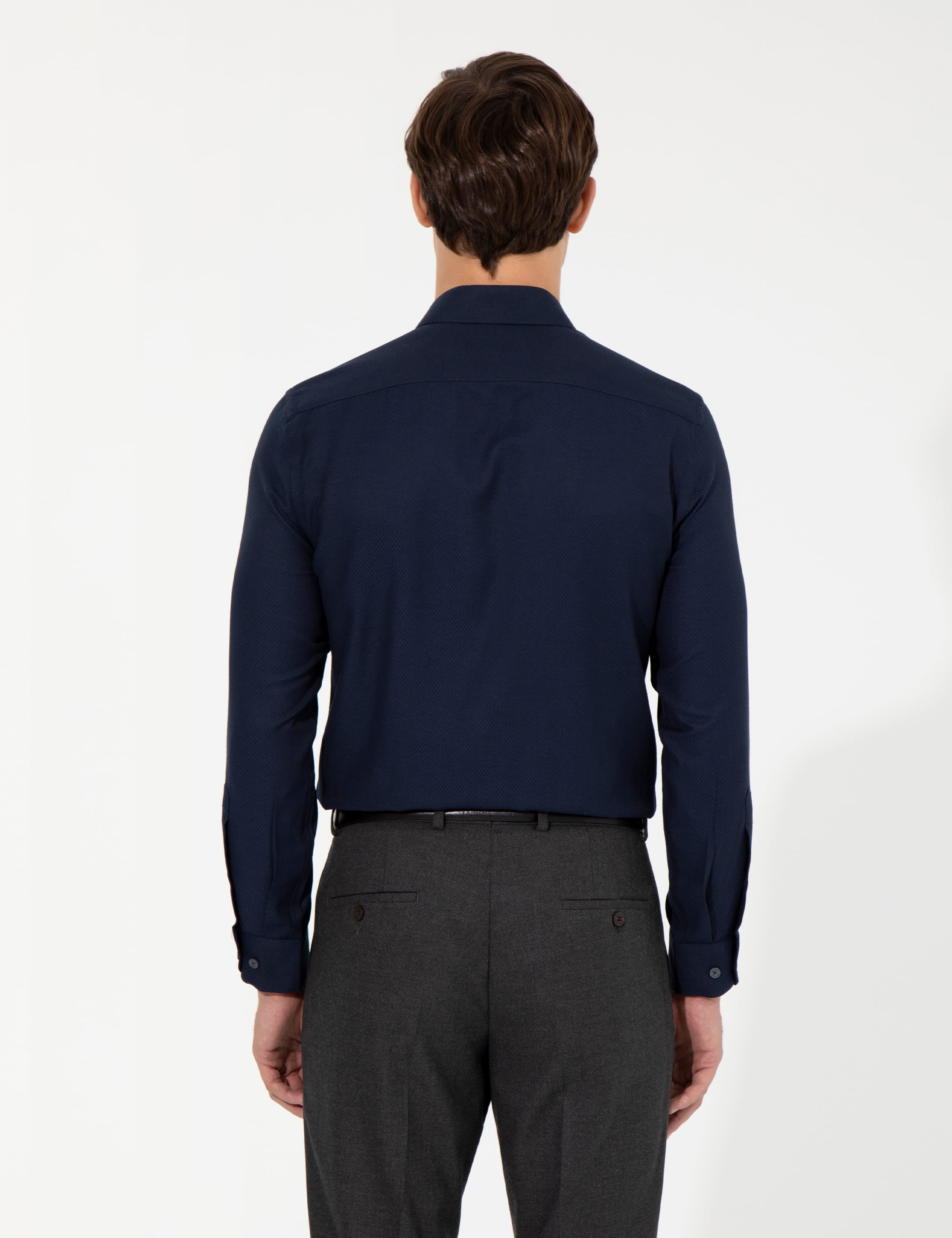 Lacivert Slim Fit Armürlü Uzun Kollu Gömlek