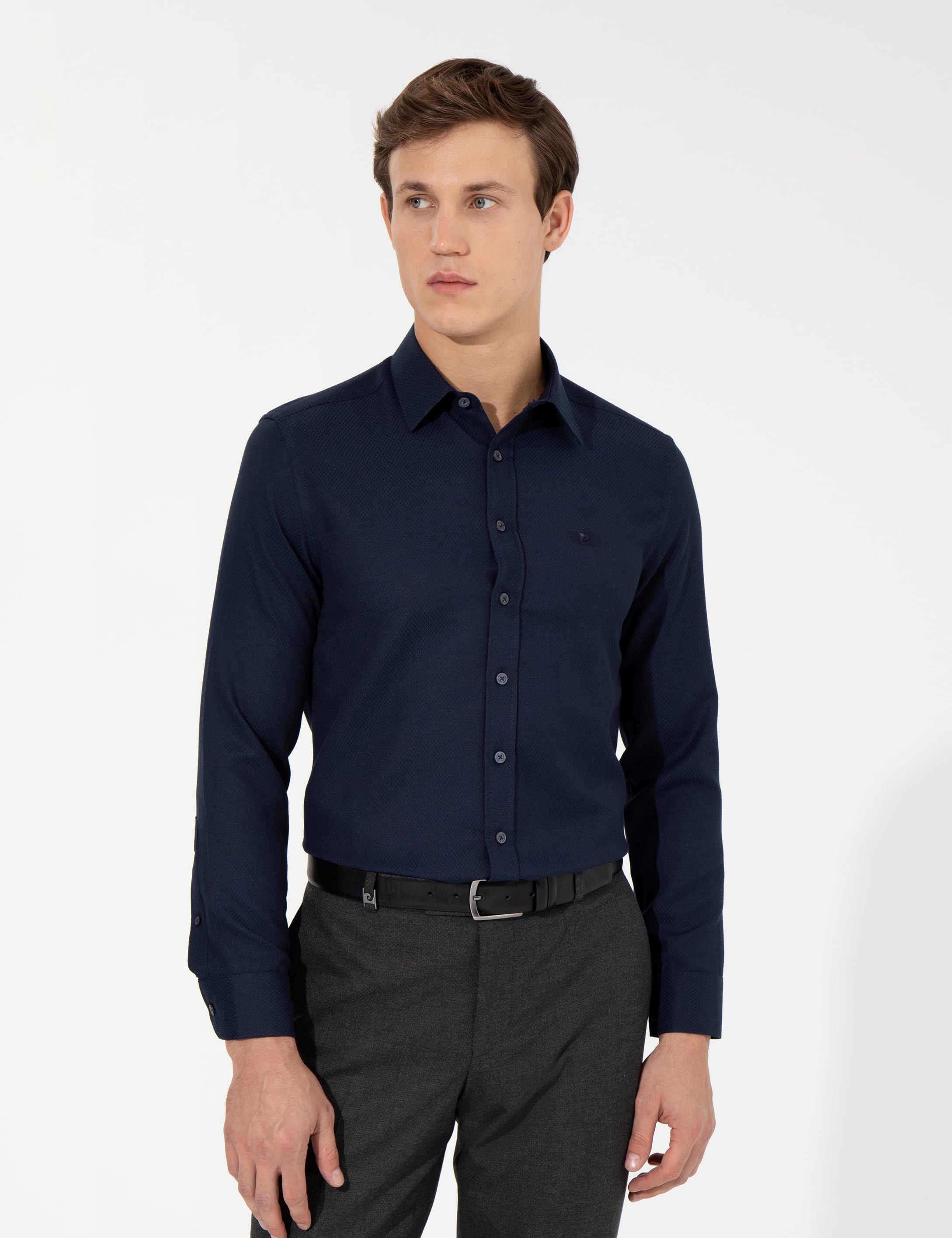 Lacivert Slim Fit Armürlü Uzun Kollu Gömlek