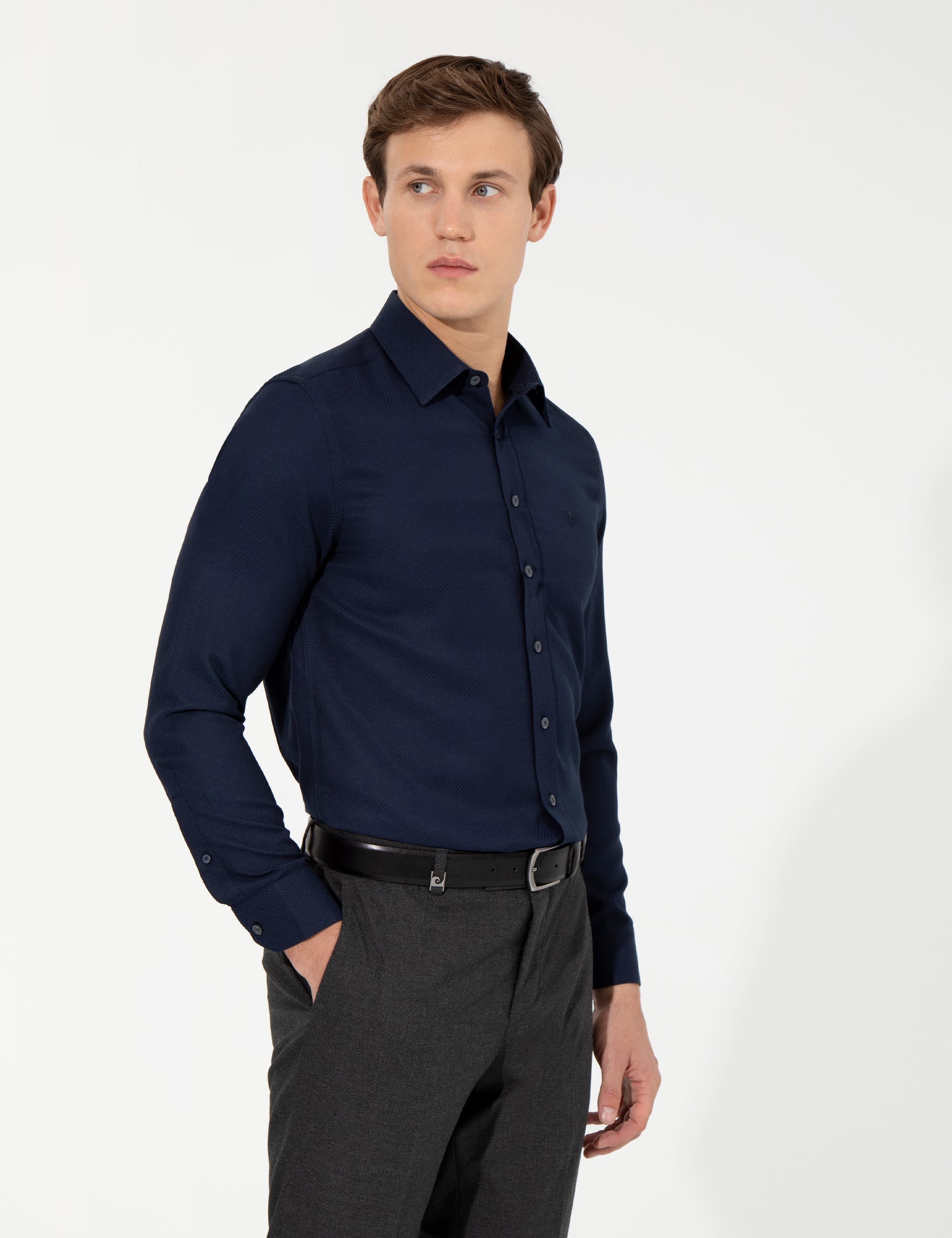 Lacivert Slim Fit Armürlü Uzun Kollu Gömlek