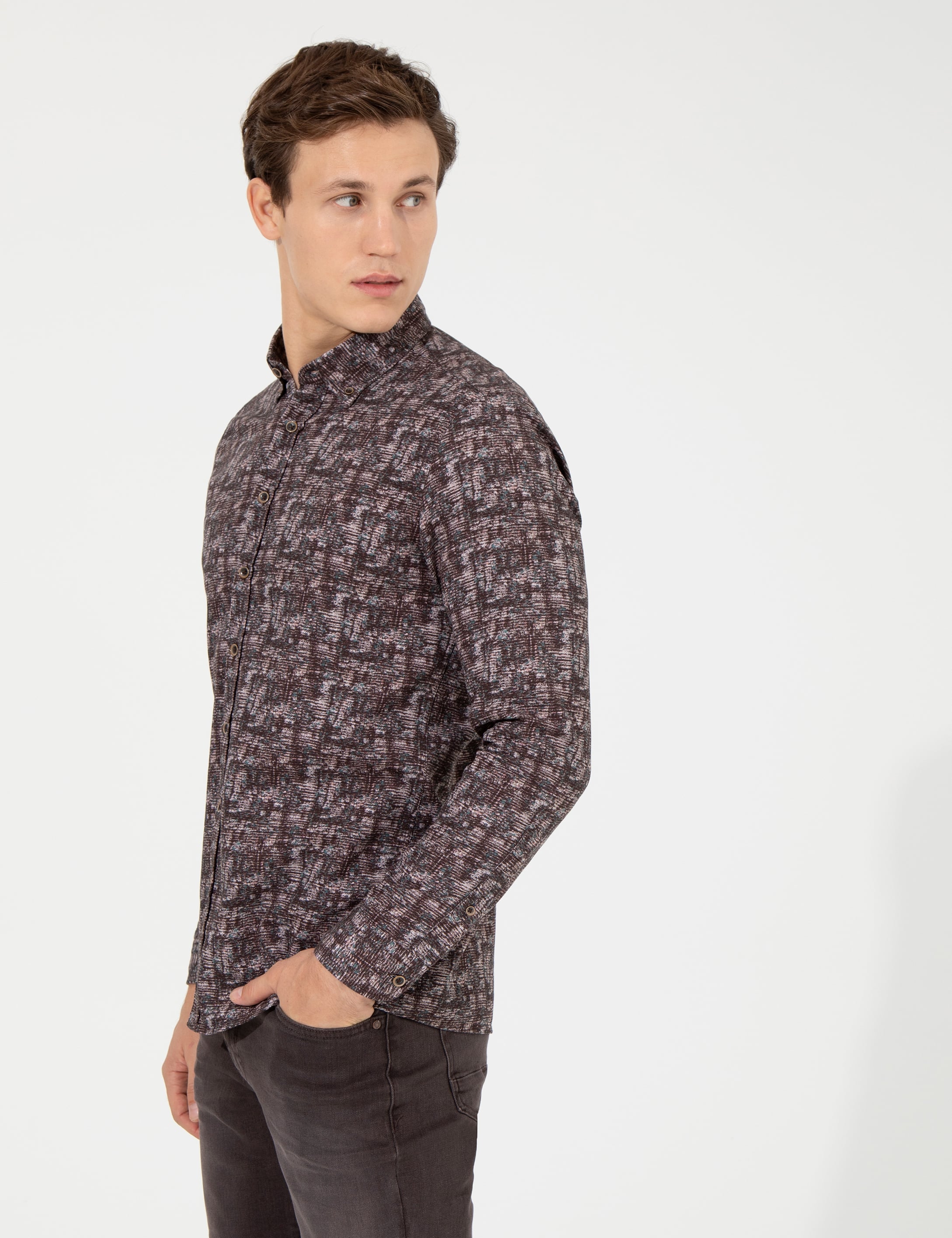 Kahverengi Slim Fit Uzun Kollu Gömlek - Image 1