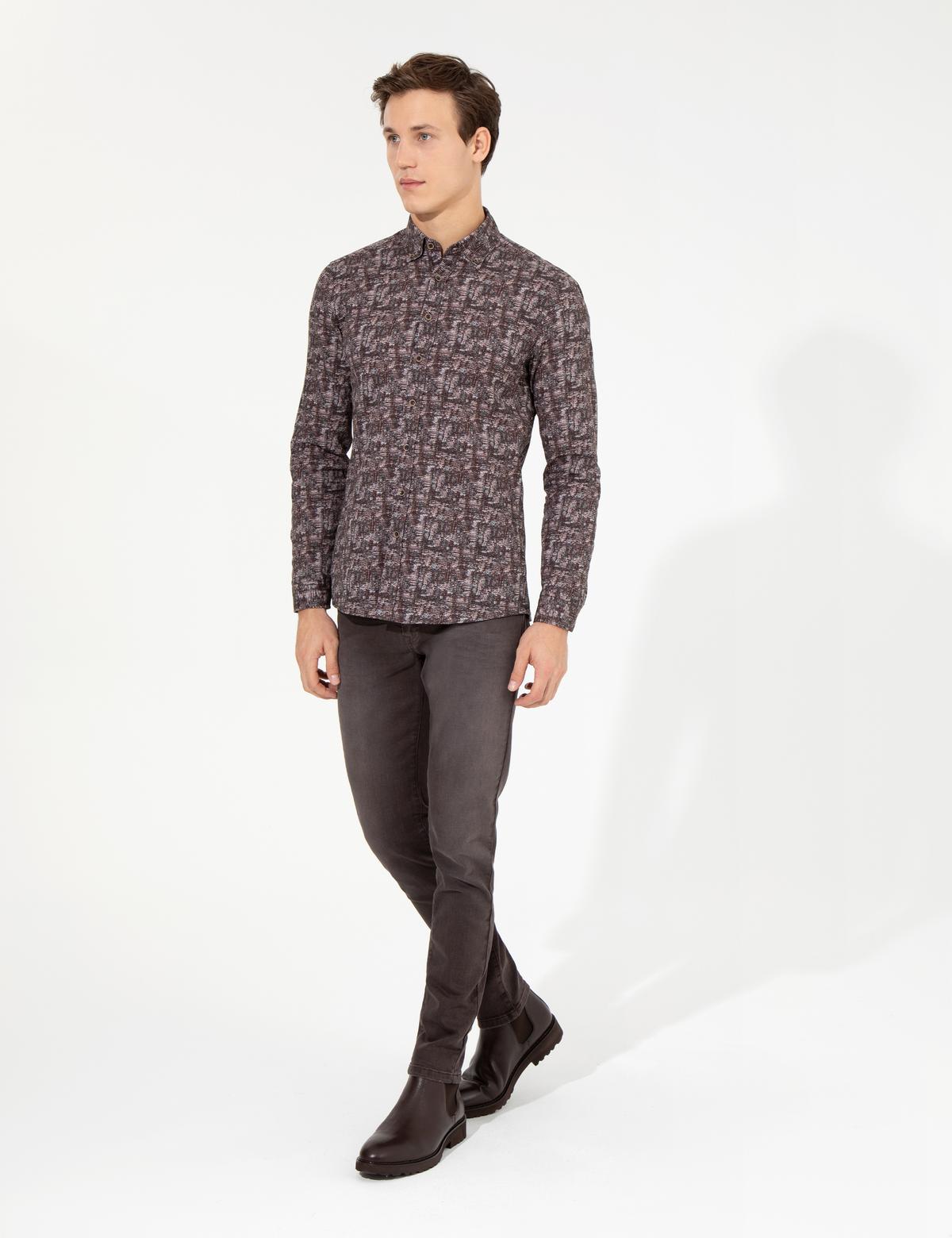 Kahverengi Slim Fit Uzun Kollu Gömlek - 50259524008