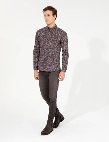 Kahverengi Slim Fit Uzun Kollu Gömlek