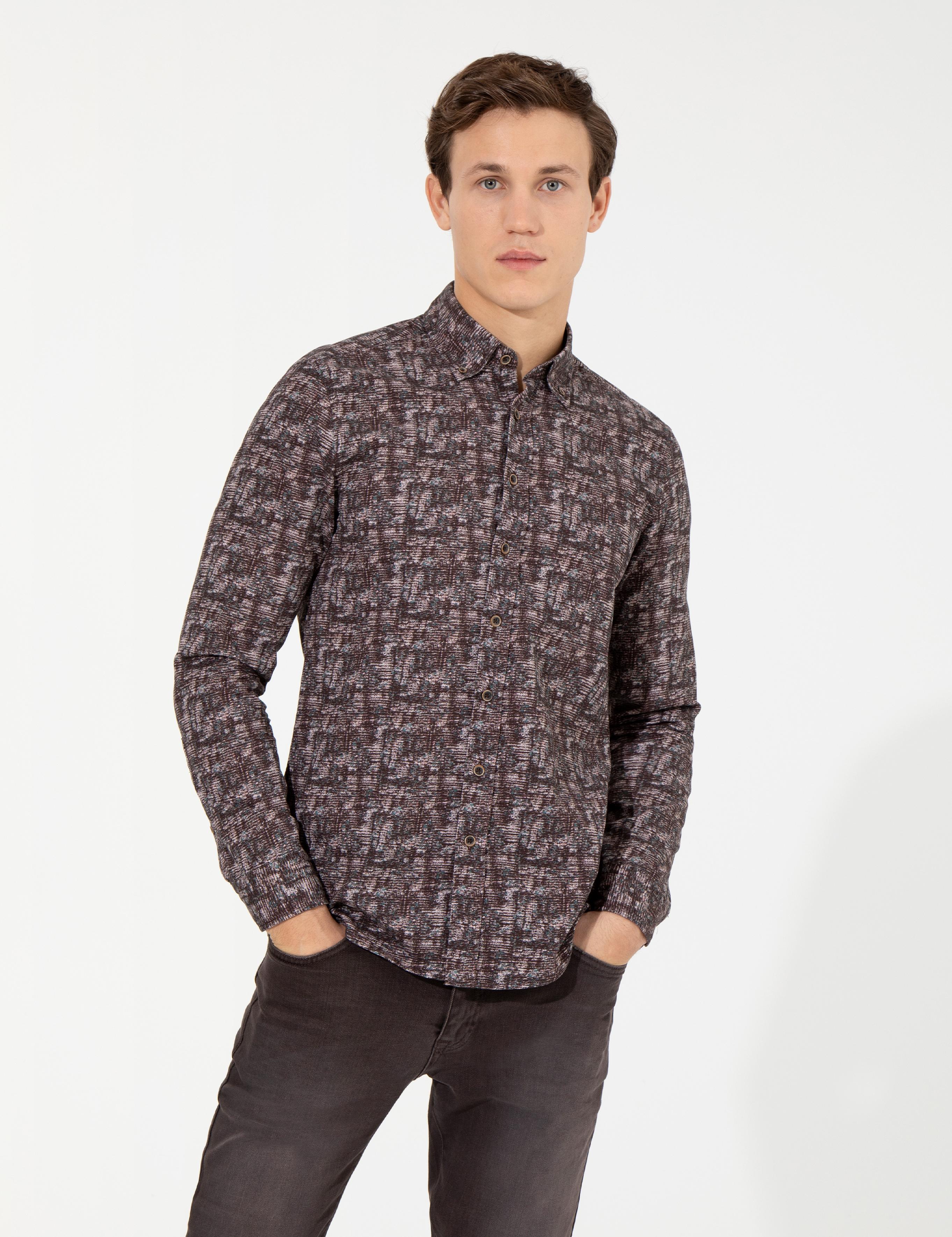 Kahverengi Slim Fit Uzun Kollu Gömlek
