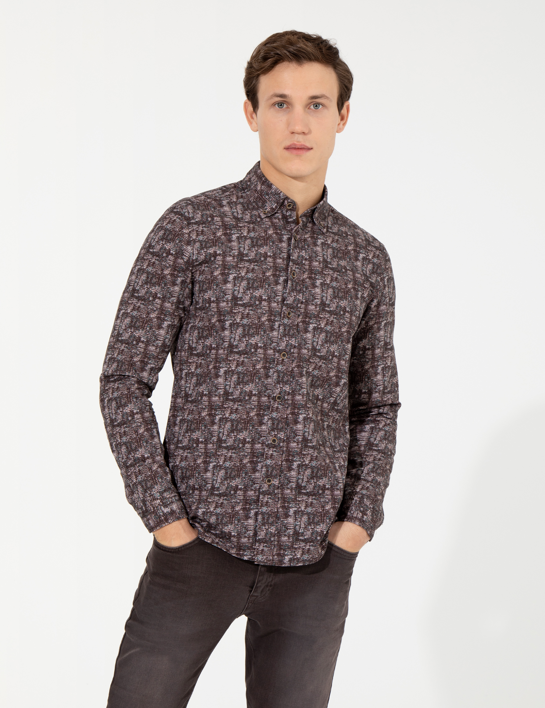Kahverengi Slim Fit Uzun Kollu Gömlek
