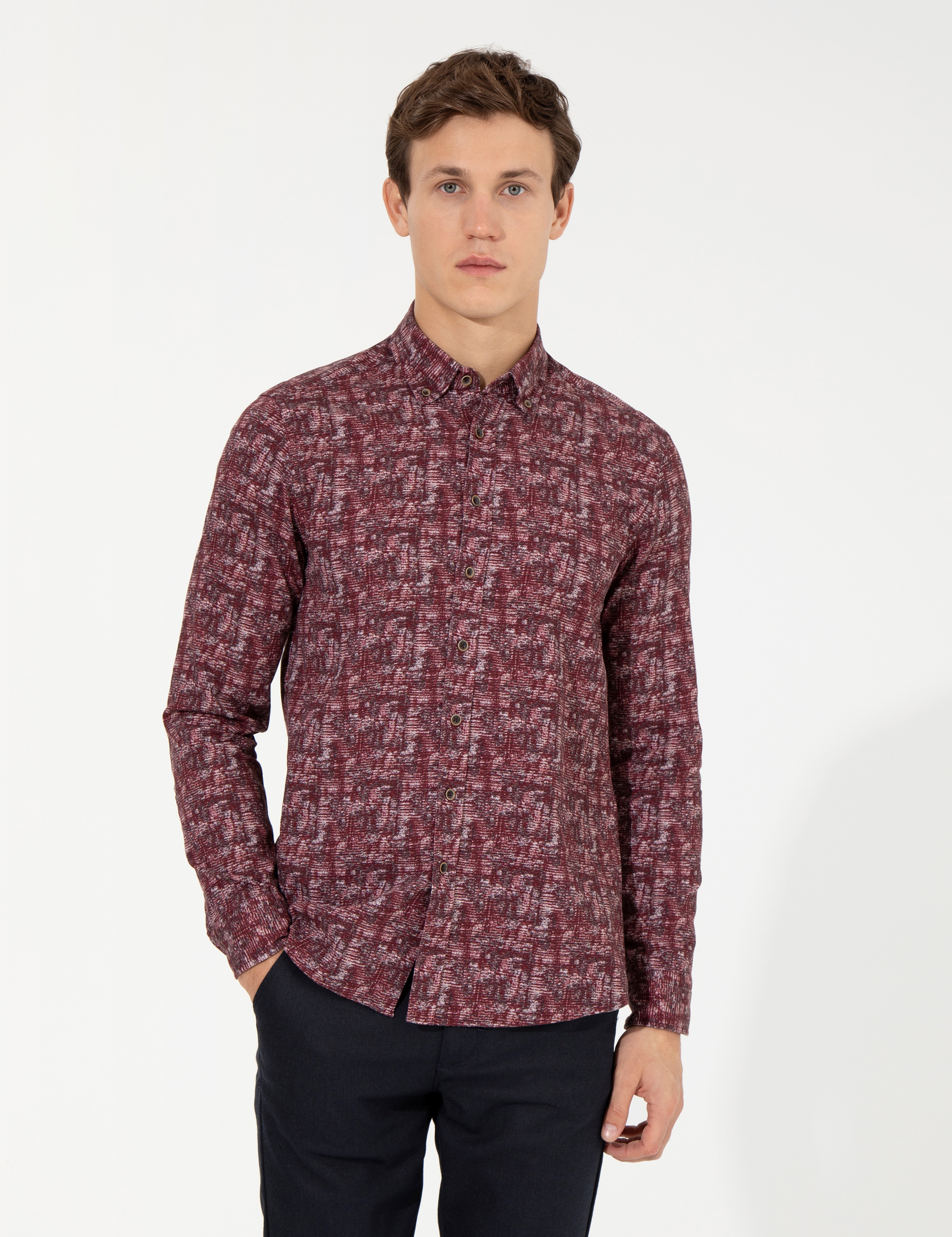 Bordo Slim Fit Uzun Kollu Gömlek
