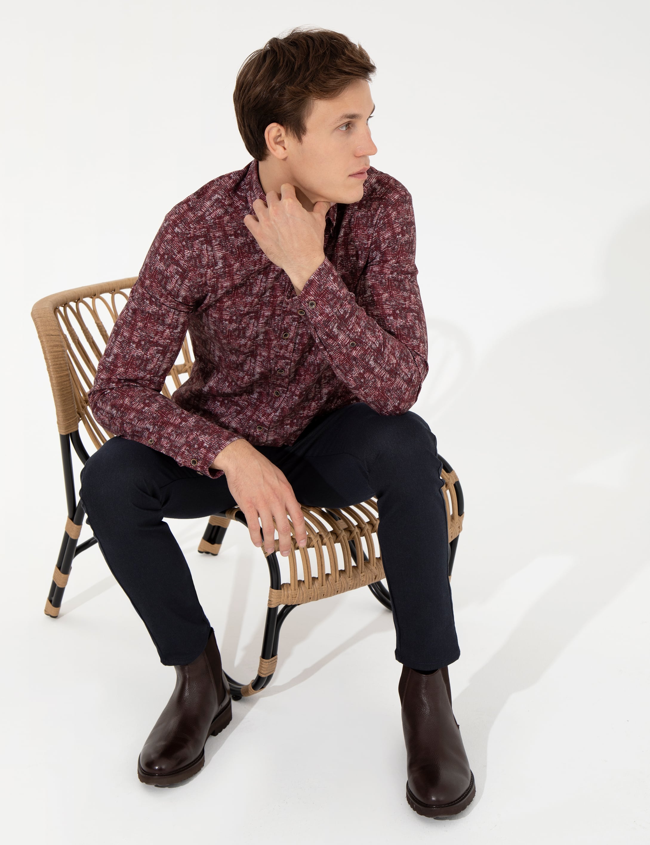 Bordo Slim Fit Uzun Kollu Gömlek