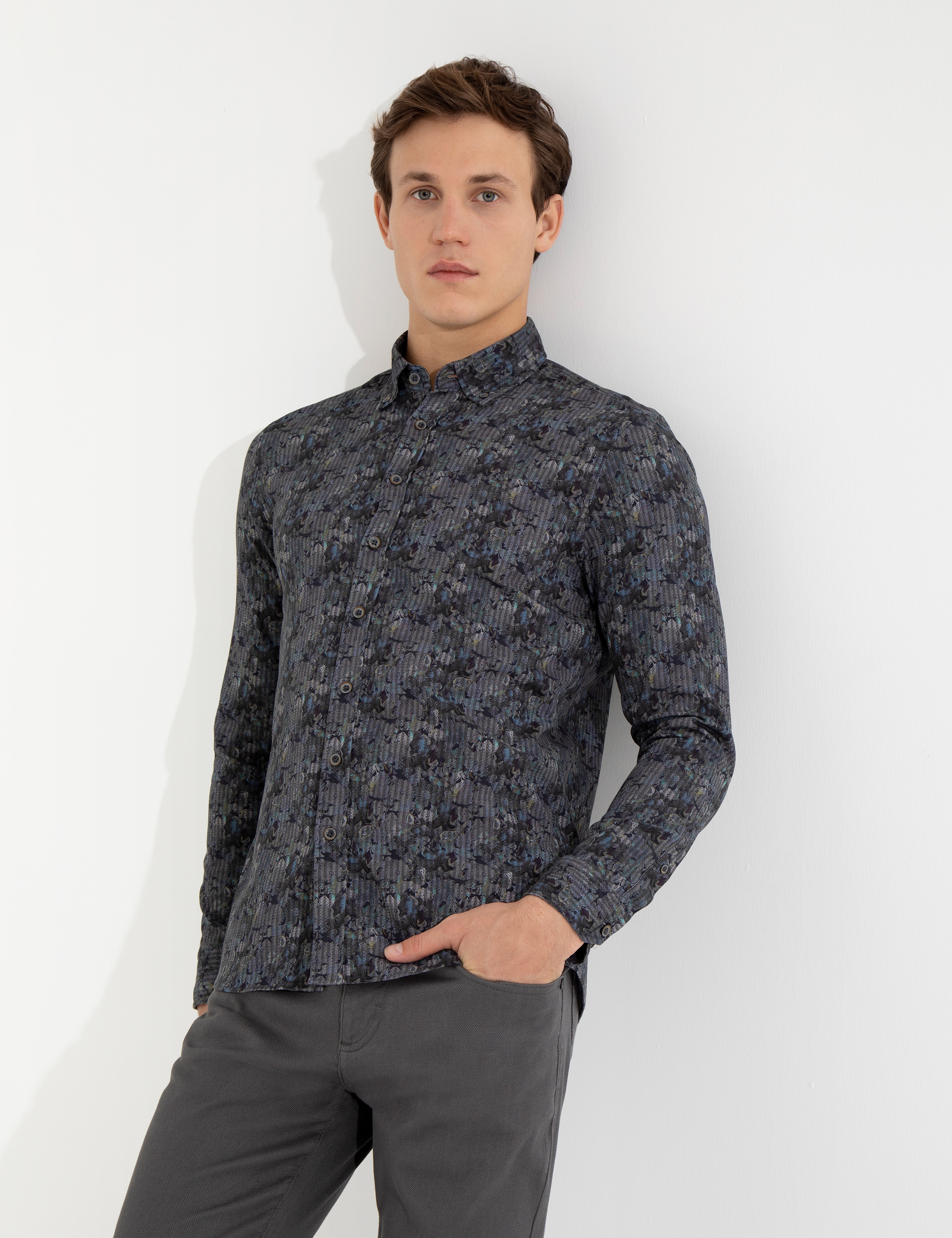 Yeşil Slim Fit Uzun Kollu Gömlek