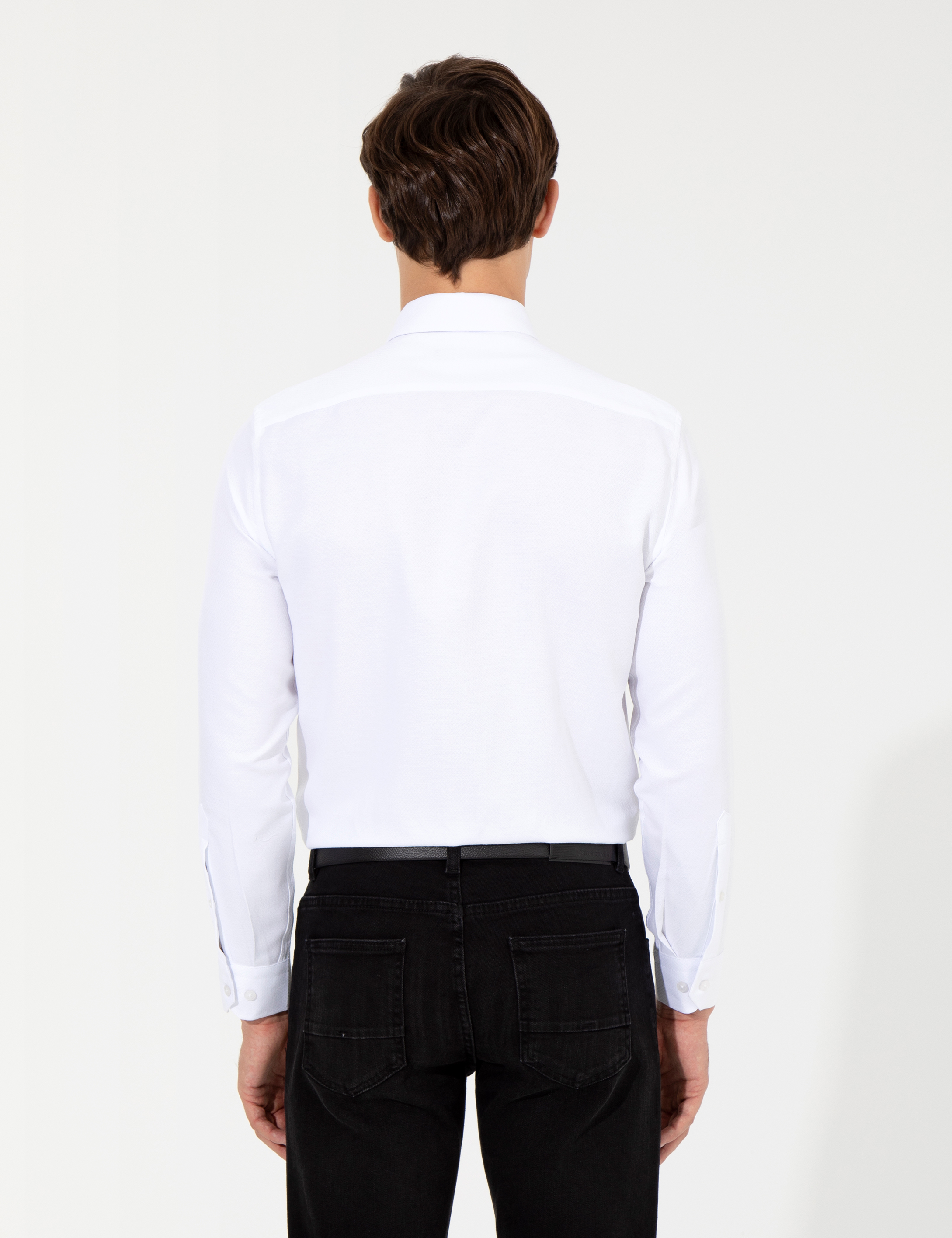 Beyaz Slim Fit Armürlü Uzun Kollu Gömlek - Image 5