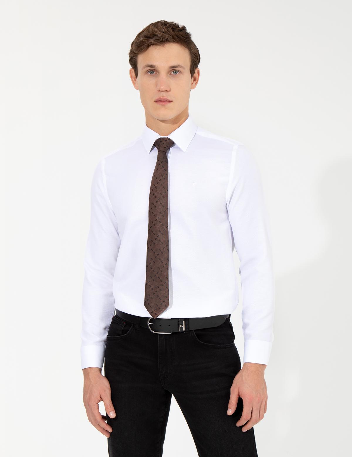 Beyaz Slim Fit Armürlü Uzun Kollu Gömlek - 50260297001