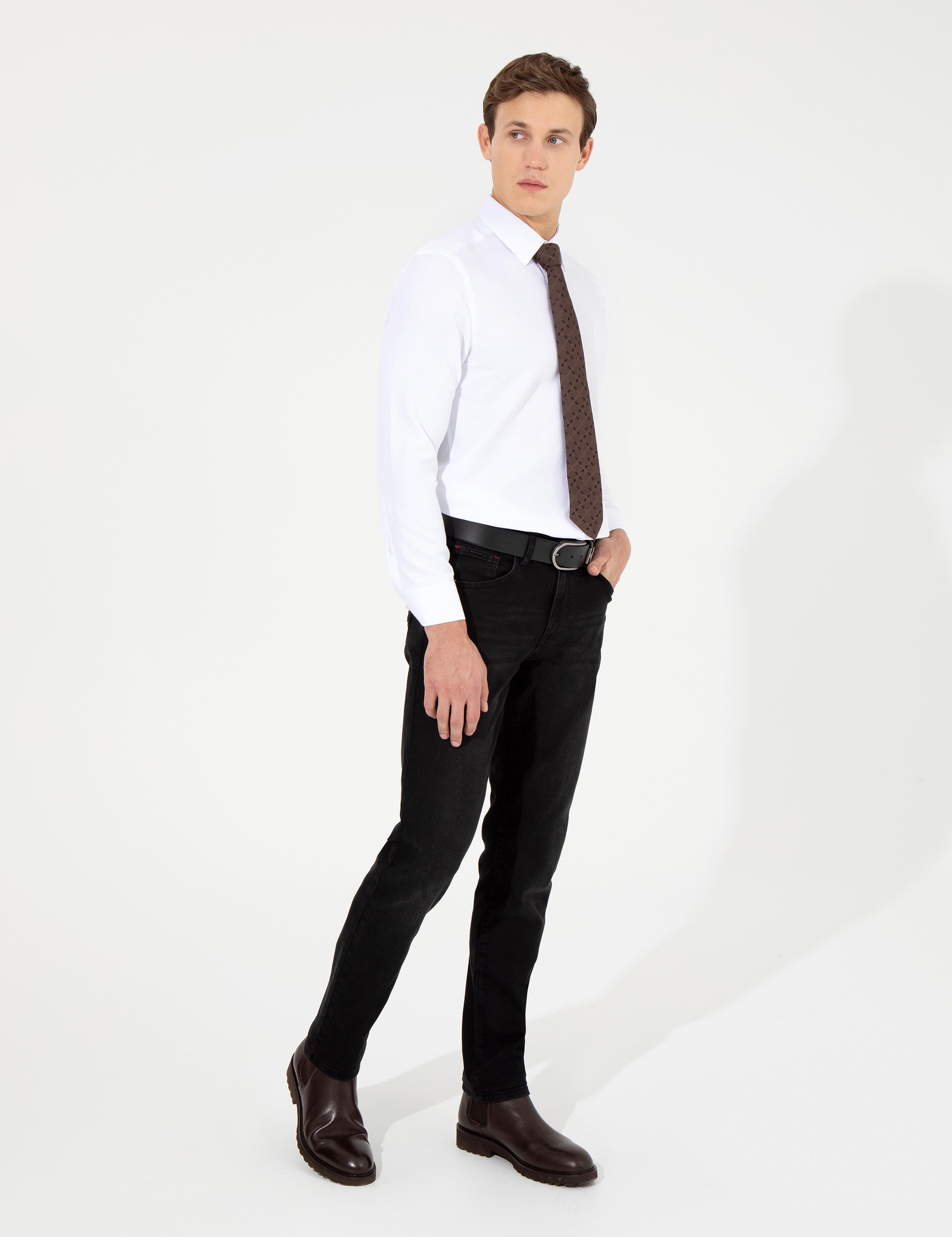 Beyaz Slim Fit Armürlü Uzun Kollu Gömlek