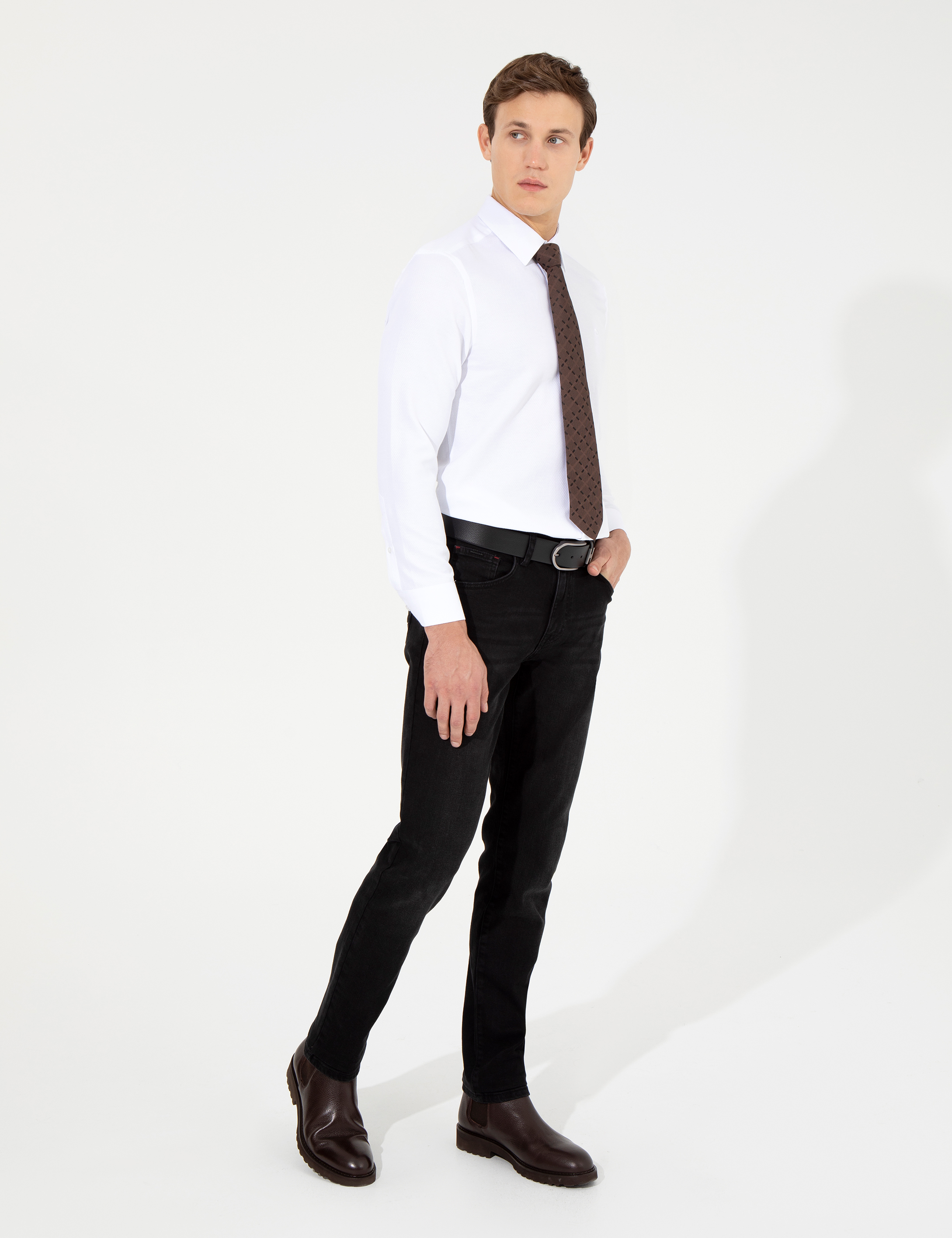Beyaz Slim Fit Armürlü Uzun Kollu Gömlek - Image 4