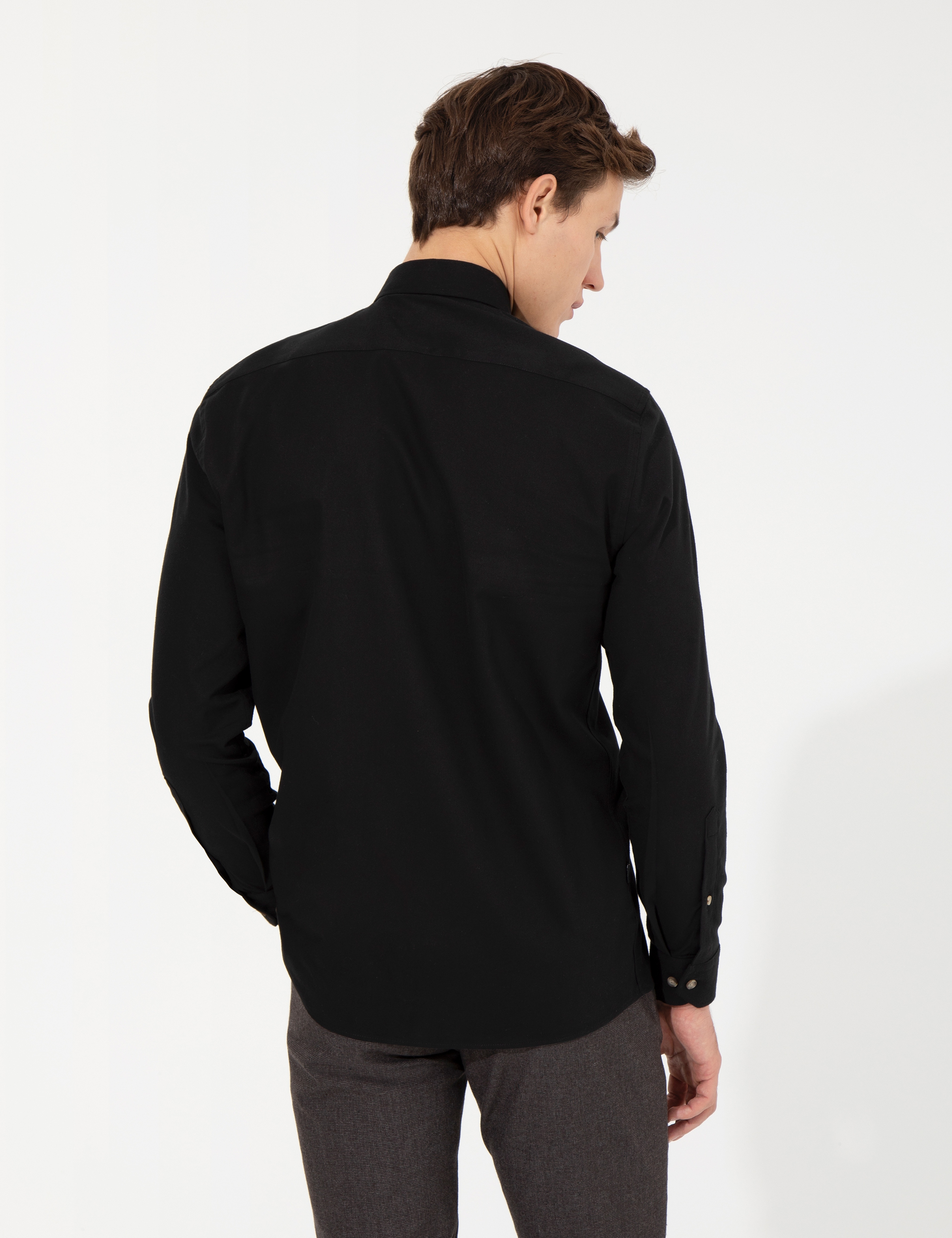 Siyah Regular Fit Uzun Kollu Gömlek - Image 5