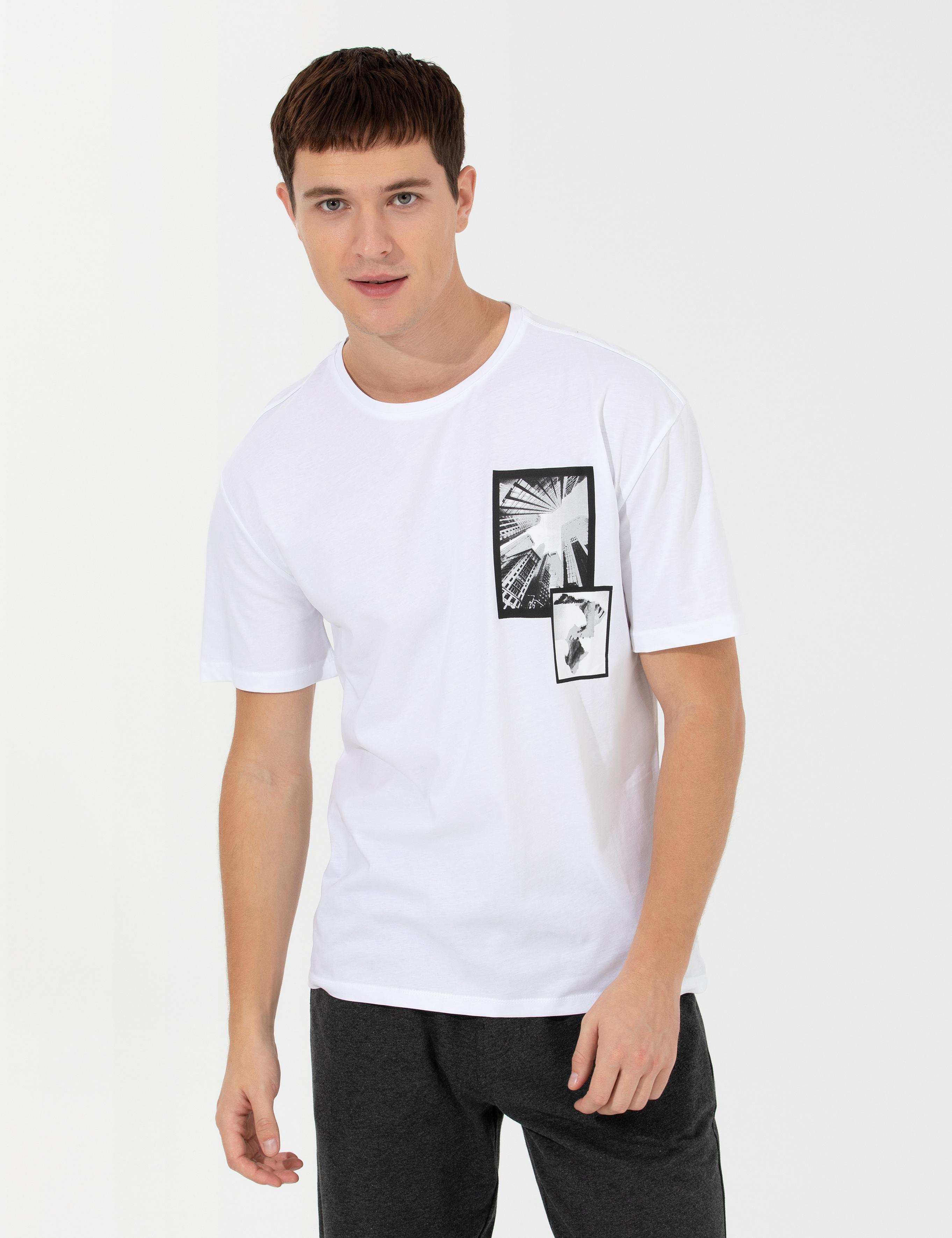 Beyaz Comfort Baskılı Bisiklet Yaka Tişört