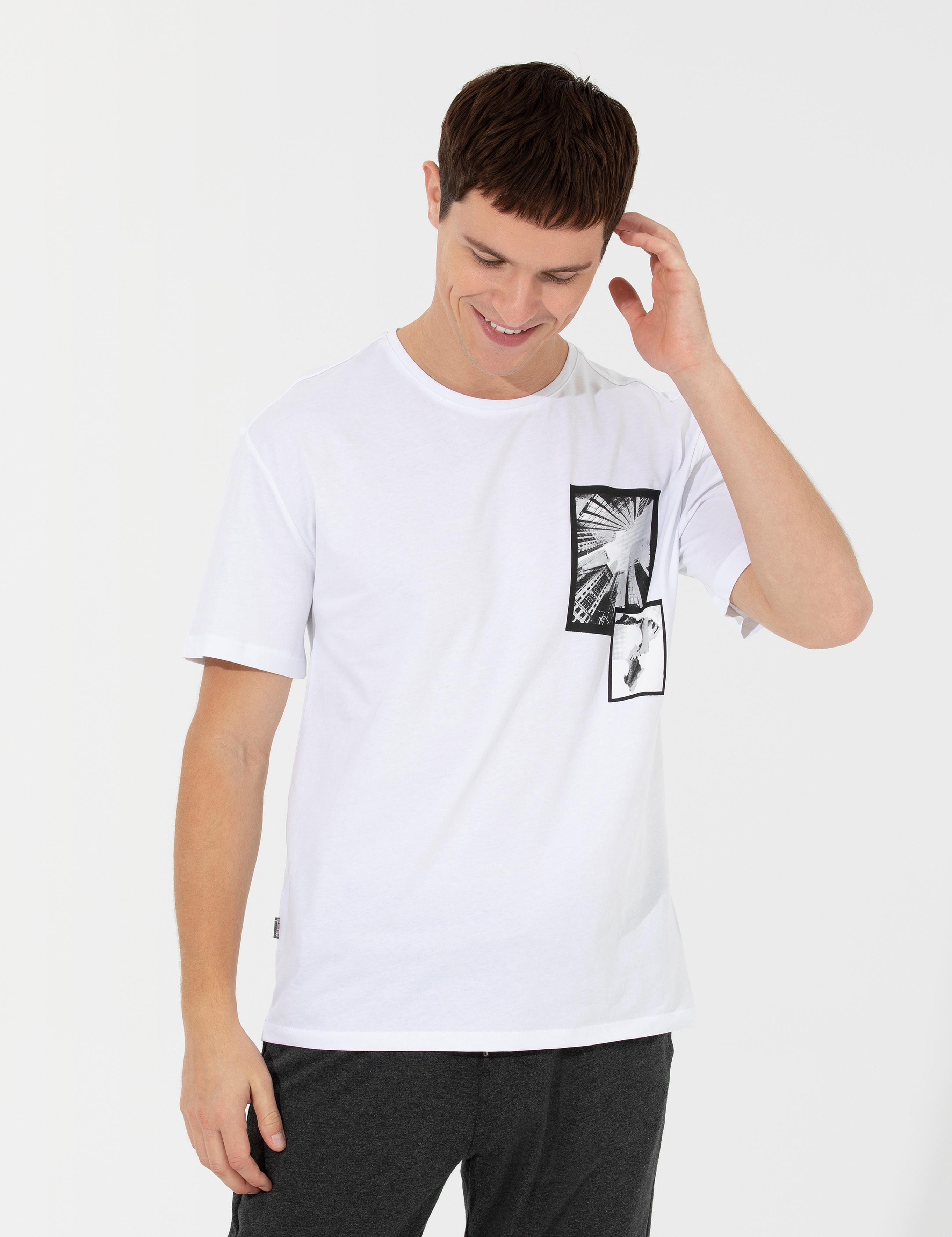 Beyaz Comfort Baskılı Bisiklet Yaka Tişört