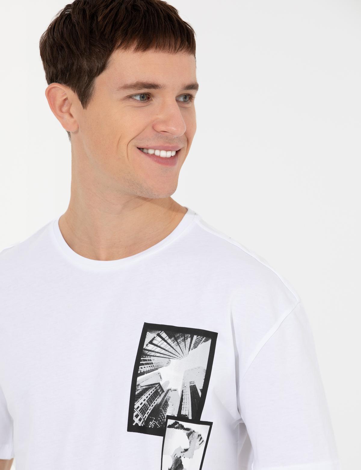 Beyaz Comfort Baskılı Bisiklet Yaka Tişört