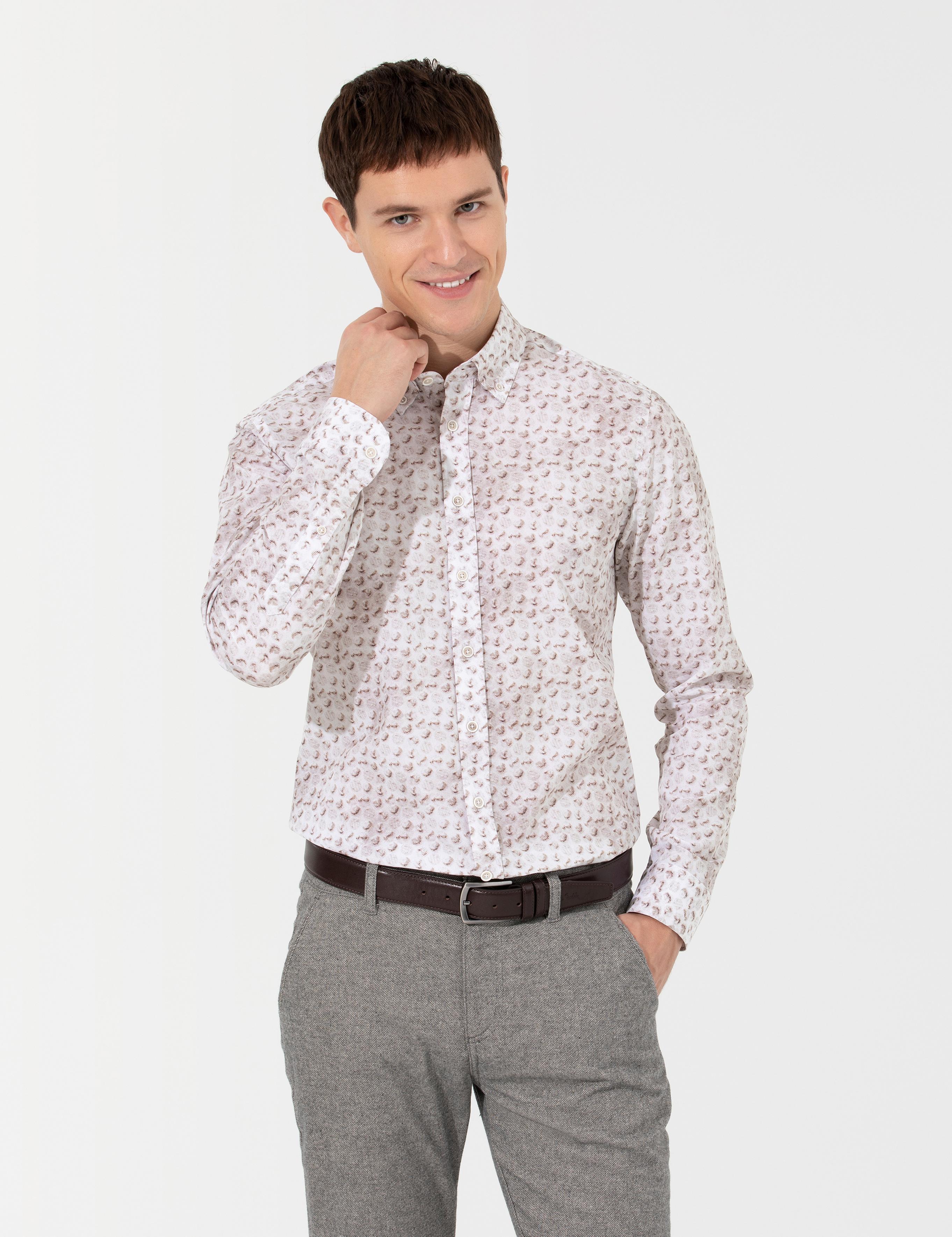 Bej Slim Fit Uzun Kollu Gömlek