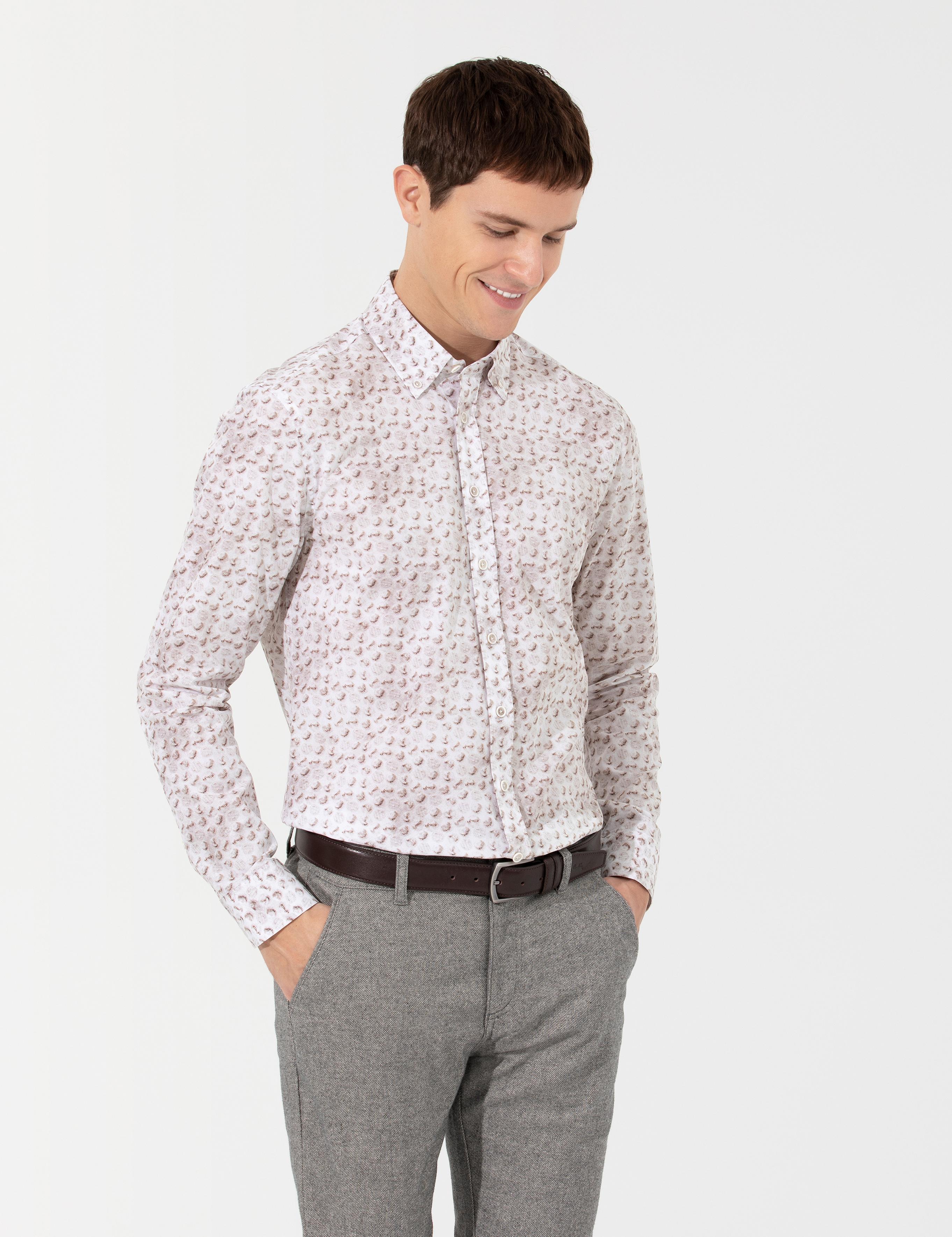 Bej Slim Fit Uzun Kollu Gömlek