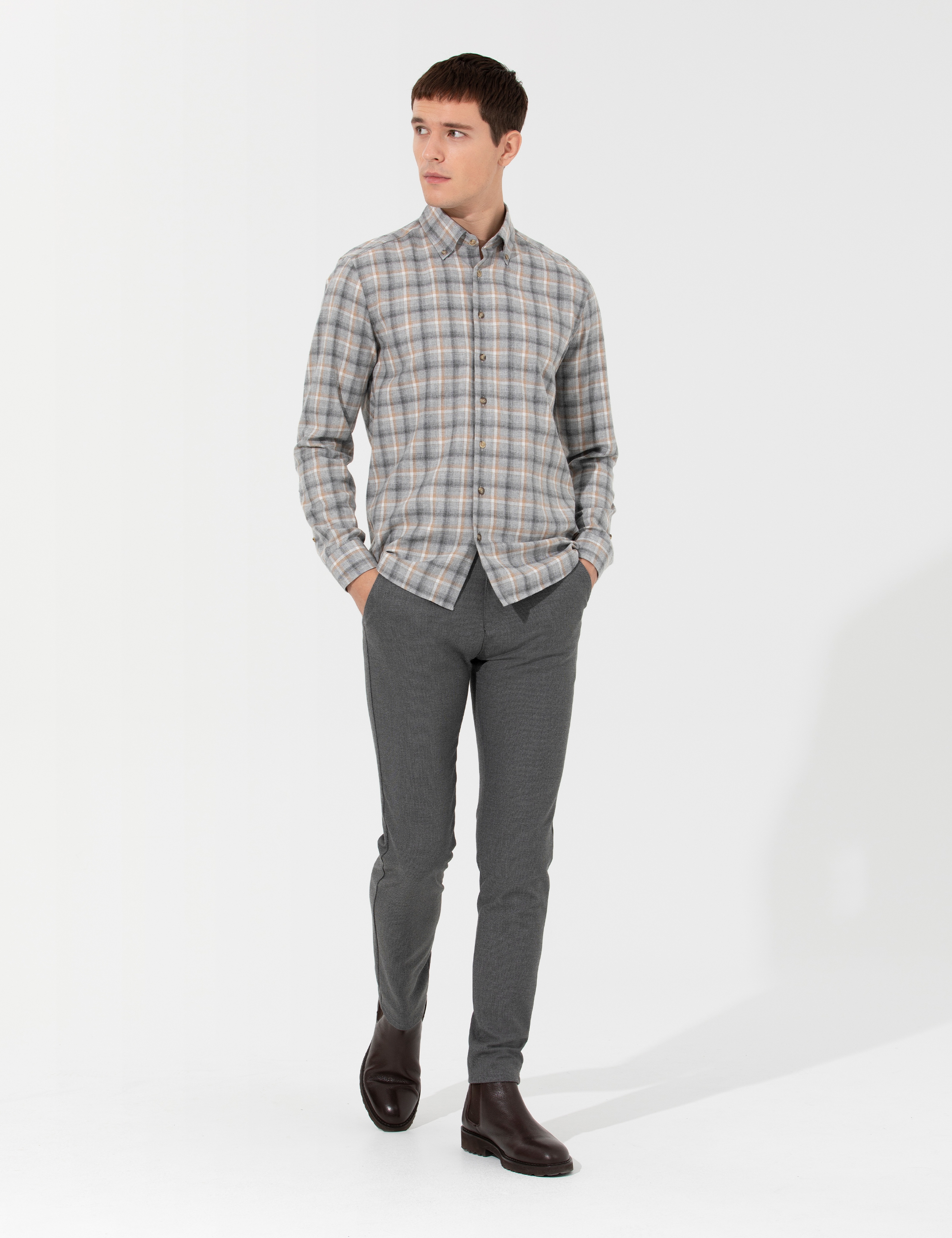Gri Slim Fit Uzun Kollu Gömlek