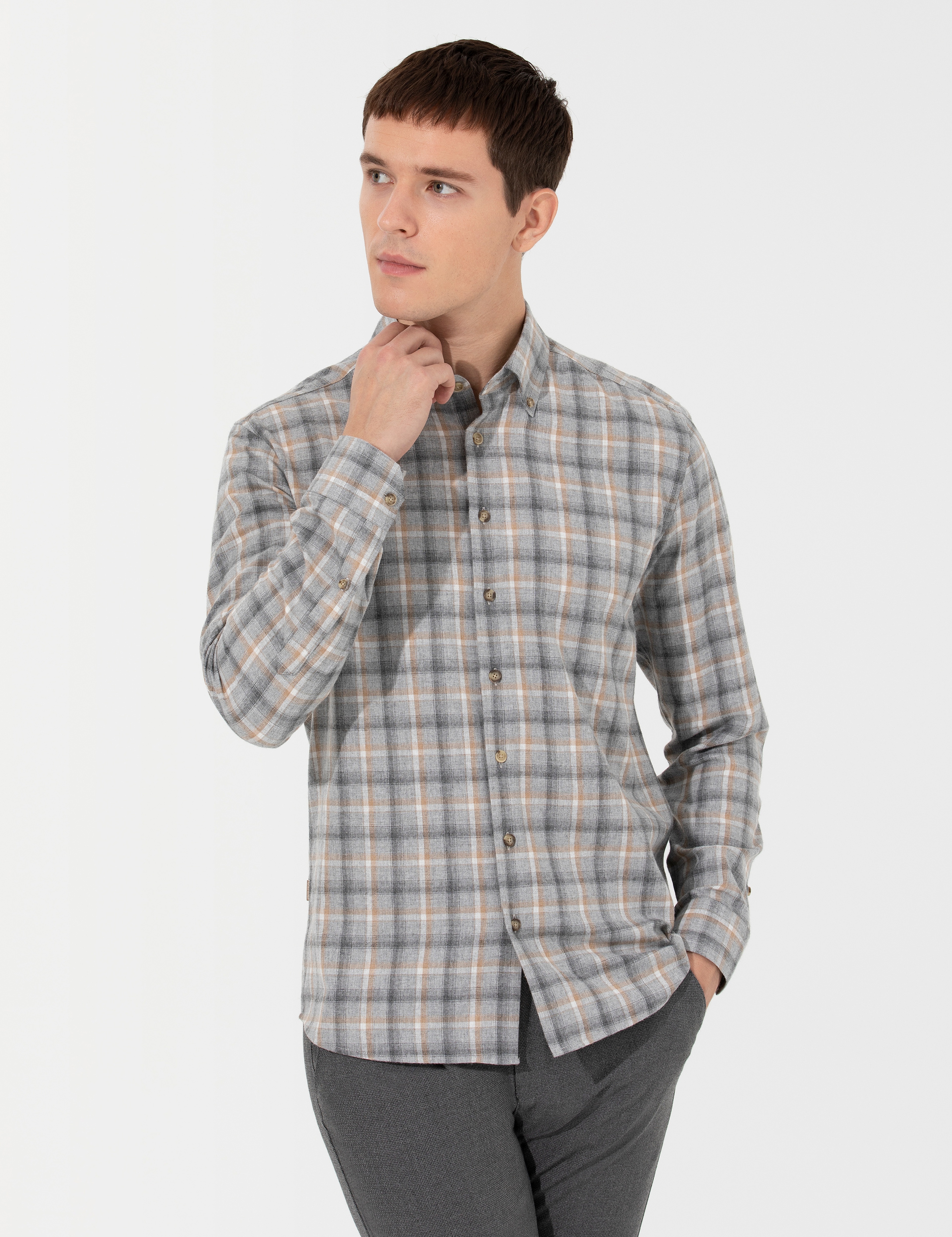 Gri Slim Fit Uzun Kollu Gömlek - Image 3