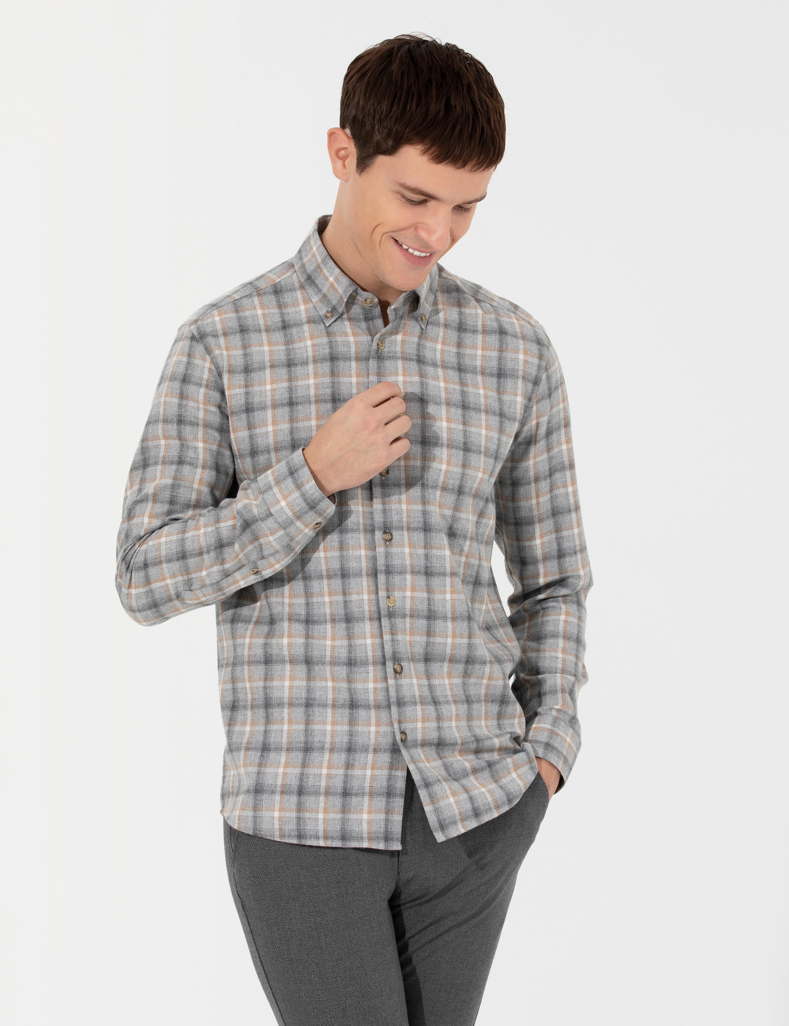 Gri Slim Fit Uzun Kollu Gömlek