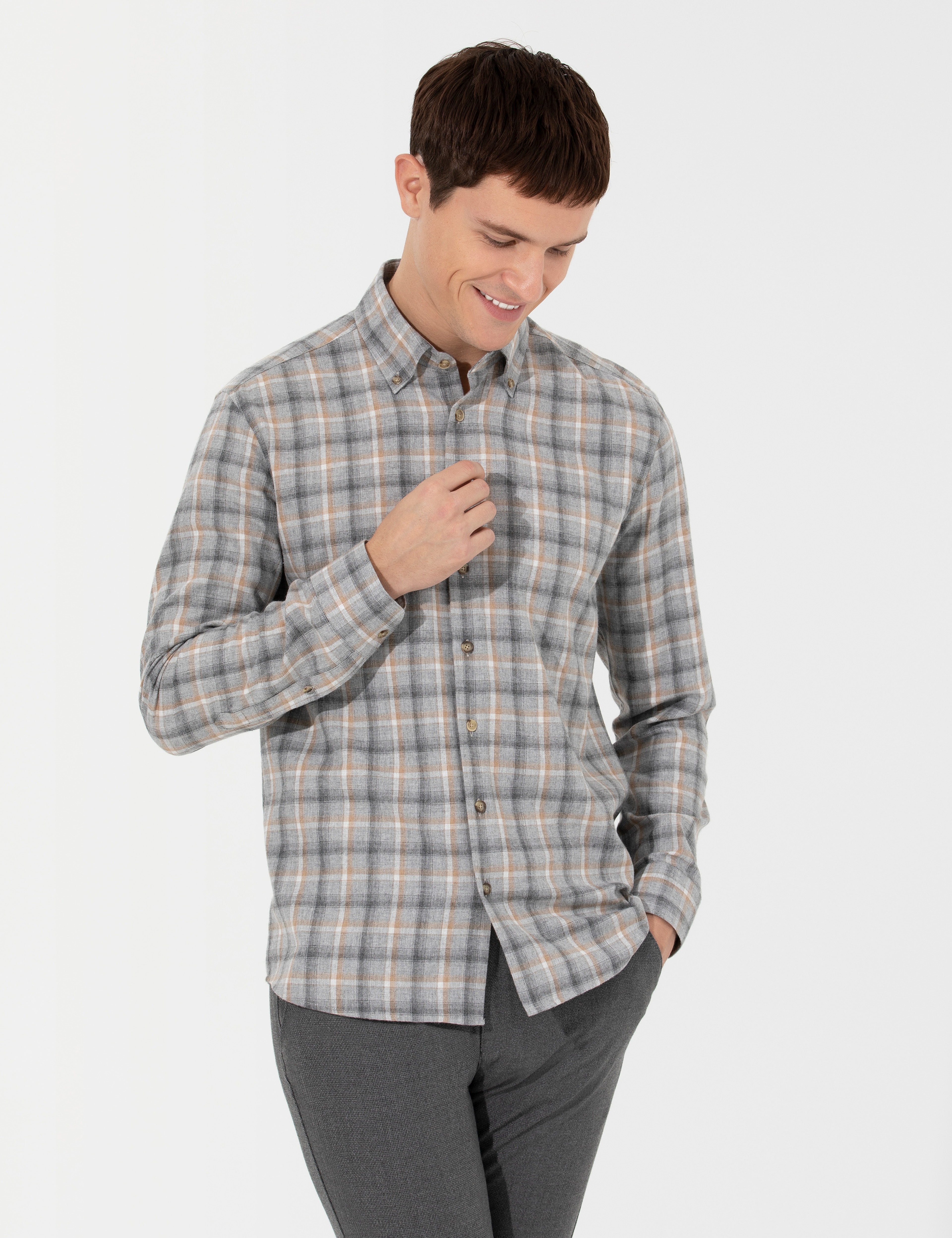 Gri Slim Fit Uzun Kollu Gömlek - Image 1