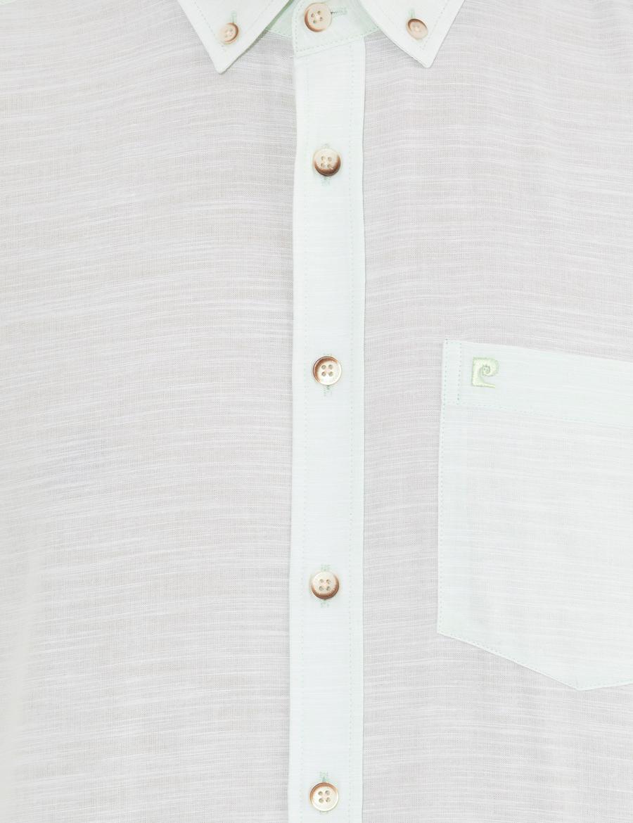 Yeşil Keten Görünümlü Regular Fit Kısa Kollu Gömlek