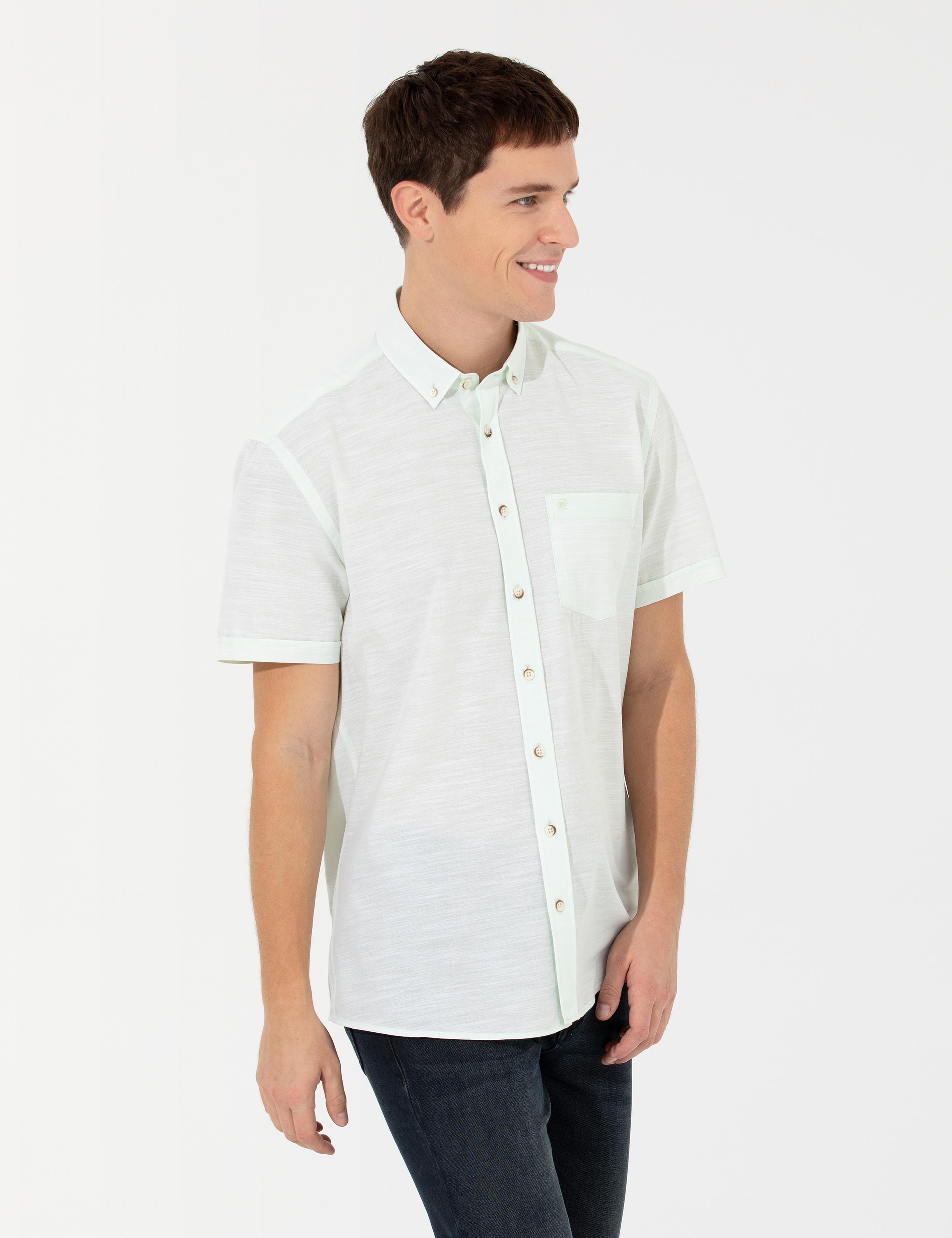 Yeşil Keten Görünümlü Regular Fit Kısa Kollu Gömlek