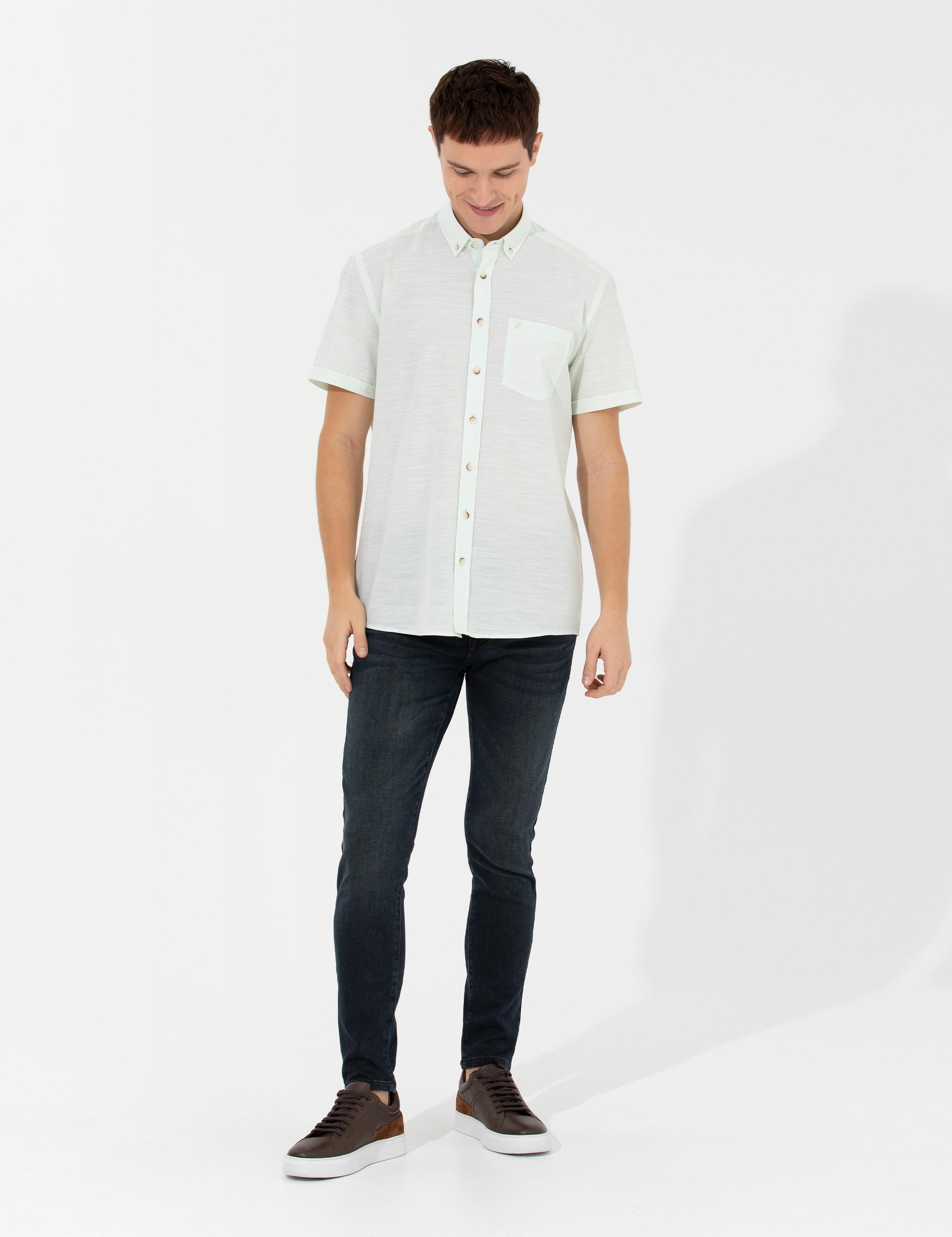 Yeşil Keten Görünümlü Regular Fit Kısa Kollu Gömlek