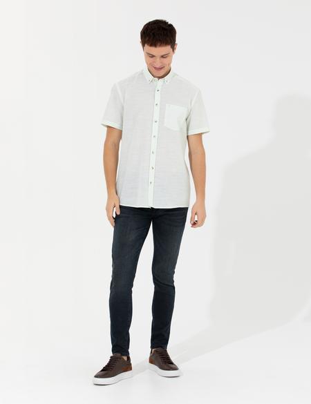 Yeşil Keten Görünümlü Regular Fit Kısa Kollu Gömlek - 50255247051