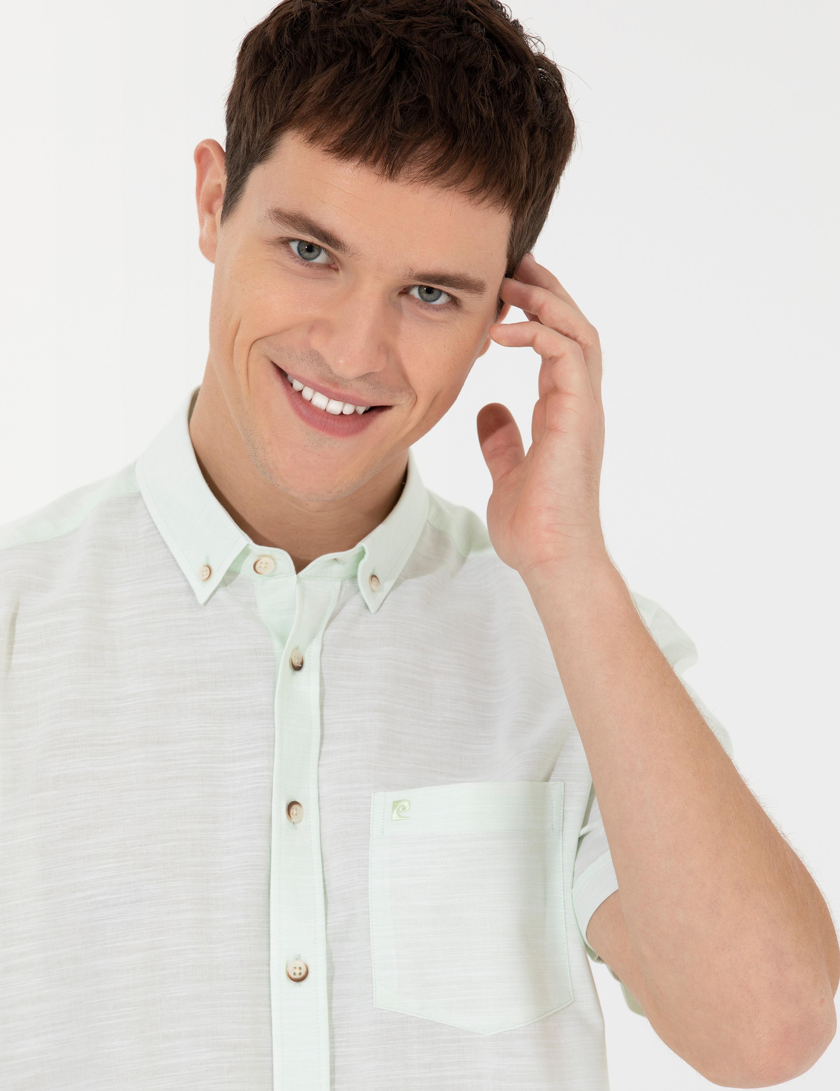 Yeşil Keten Görünümlü Regular Fit Kısa Kollu Gömlek