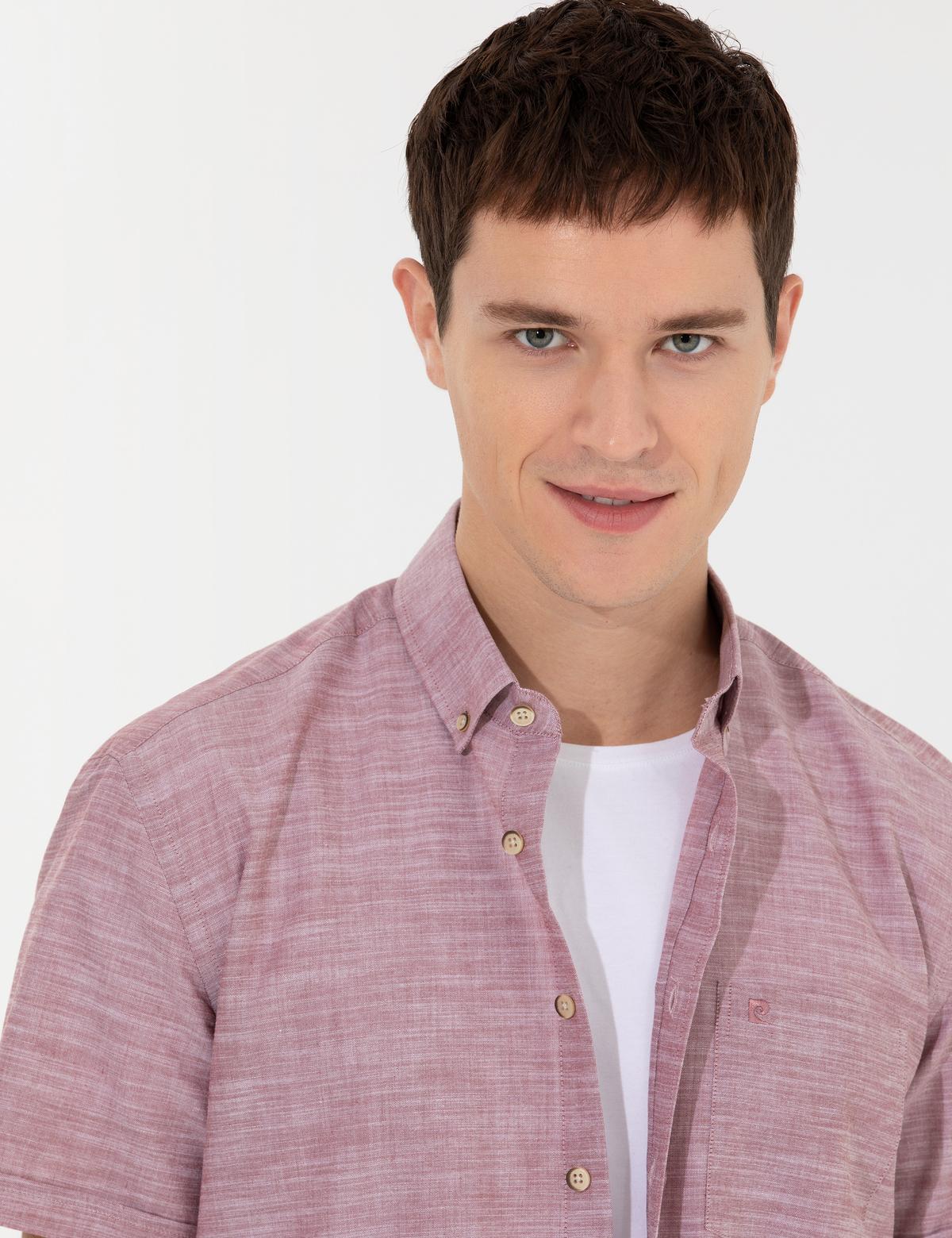 Bordo Keten Görünümlü Regular Fit Kısa Kollu Gömlek