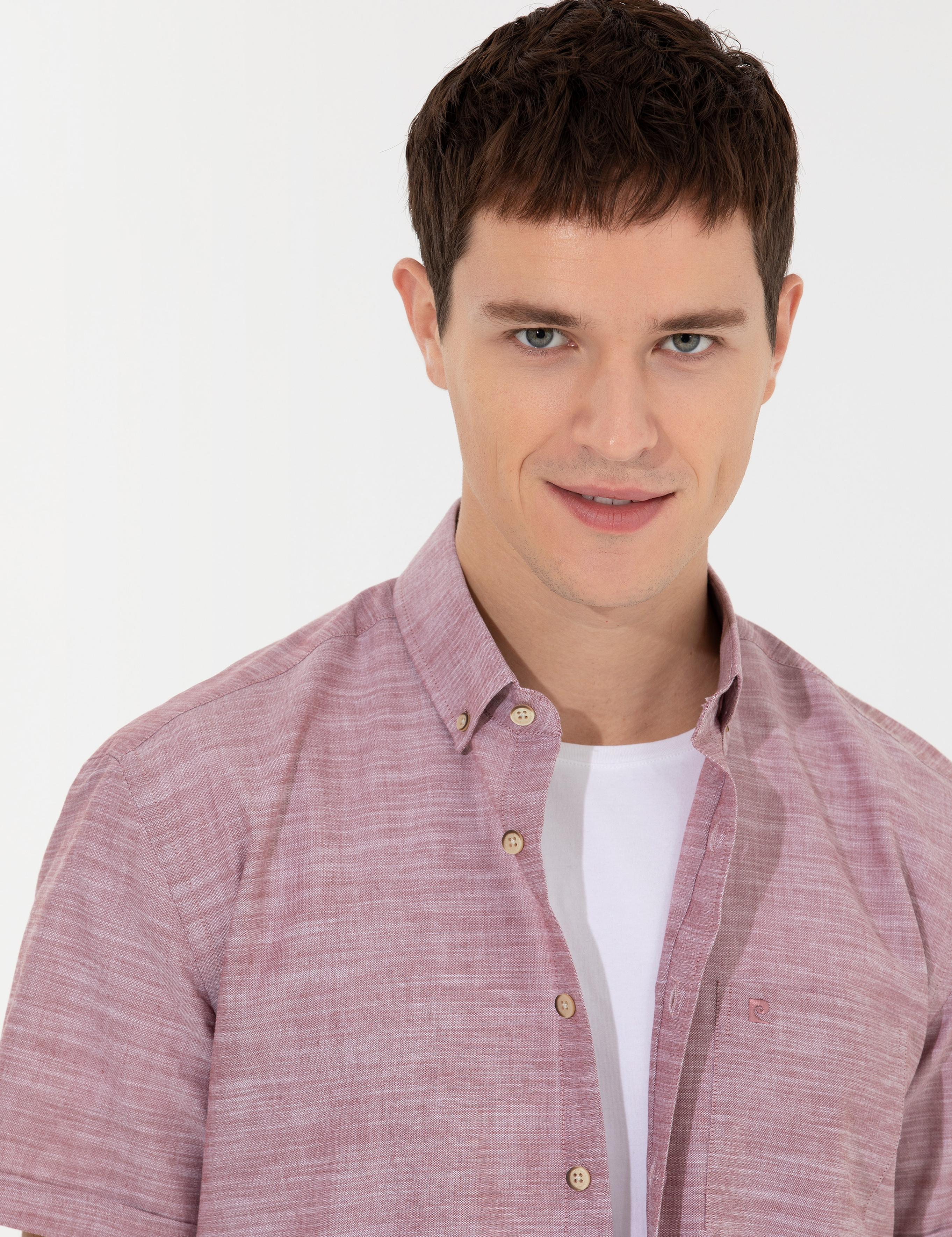 Bordo Keten Görünümlü Regular Fit Kısa Kollu Gömlek