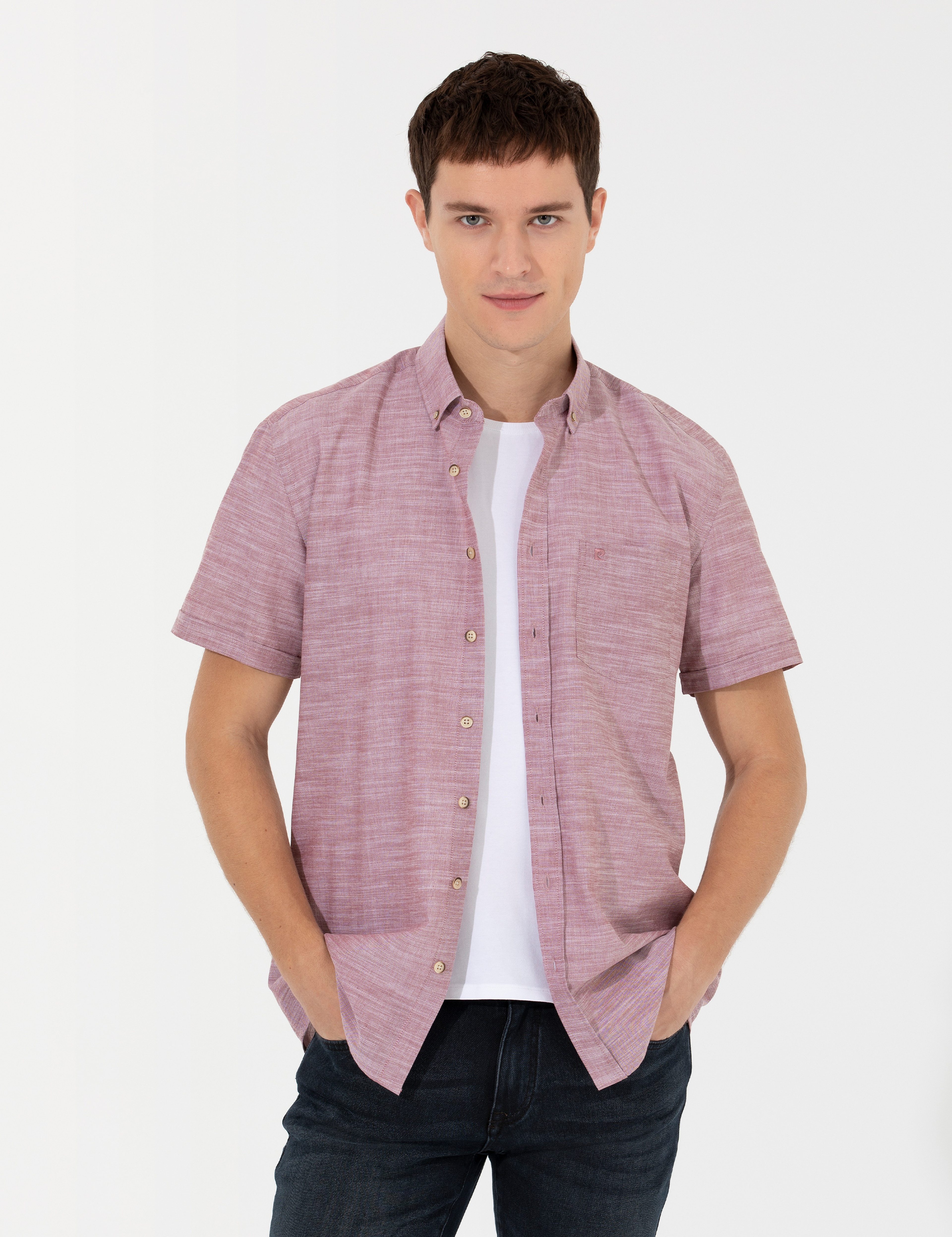 Bordo Keten Görünümlü Regular Fit Kısa Kollu Gömlek - Image 2
