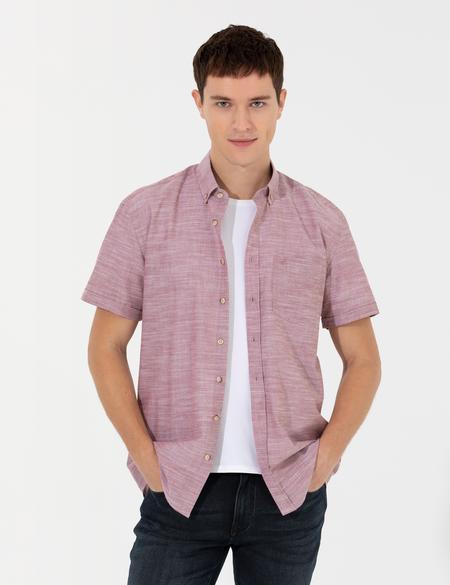 Bordo Keten Görünümlü Regular Fit Kısa Kollu Gömlek - 50255247031