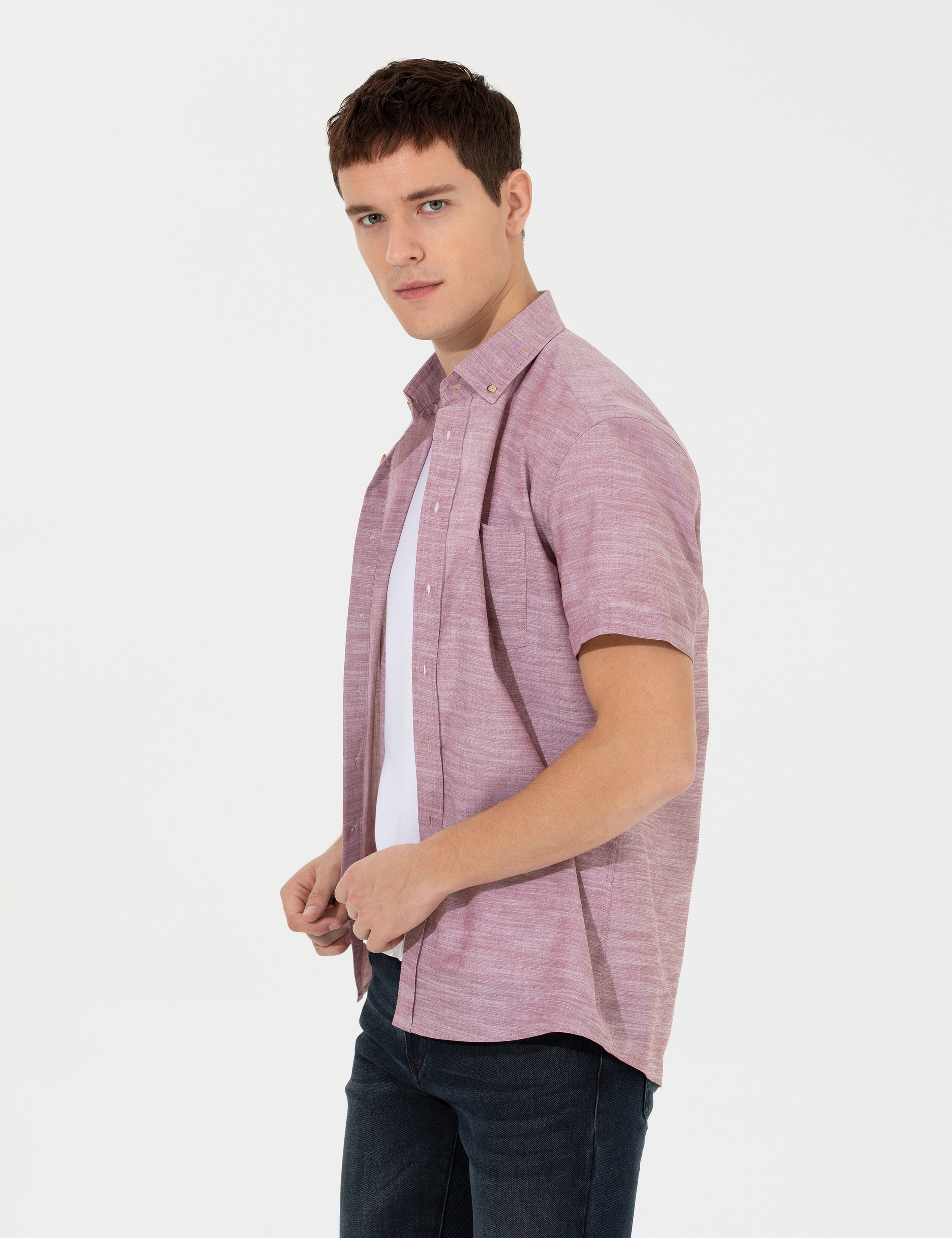 Bordo Keten Görünümlü Regular Fit Kısa Kollu Gömlek - Image 3