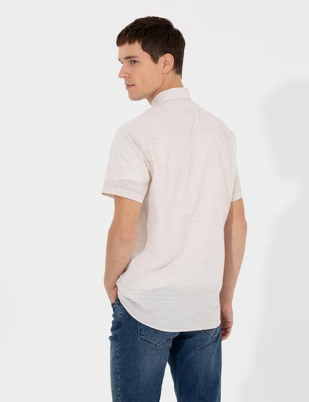 Bej Keten Görünümlü Regular Fit Kısa Kollu Gömlek - 50255247011