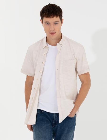 Bej Keten Görünümlü Regular Fit Kısa Kollu Gömlek - 50255247011
