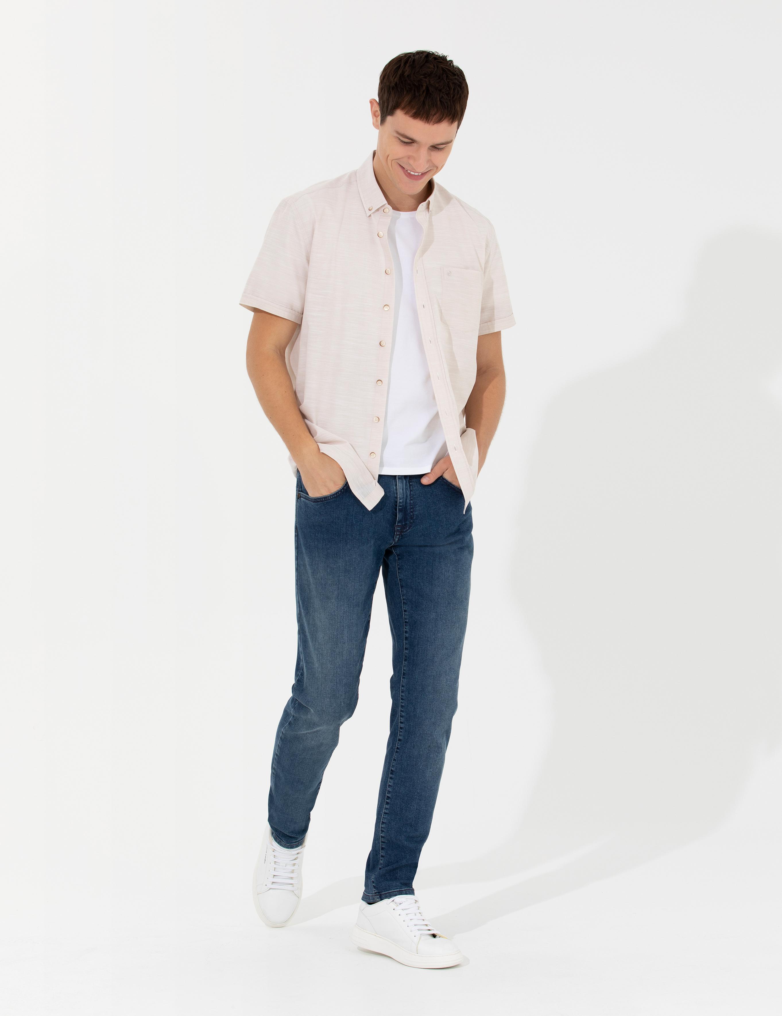 Bej Keten Görünümlü Regular Fit Kısa Kollu Gömlek