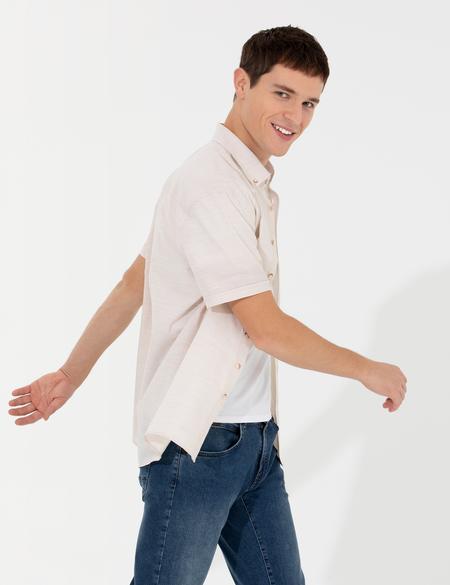 Bej Keten Görünümlü Regular Fit Kısa Kollu Gömlek - 50255247011