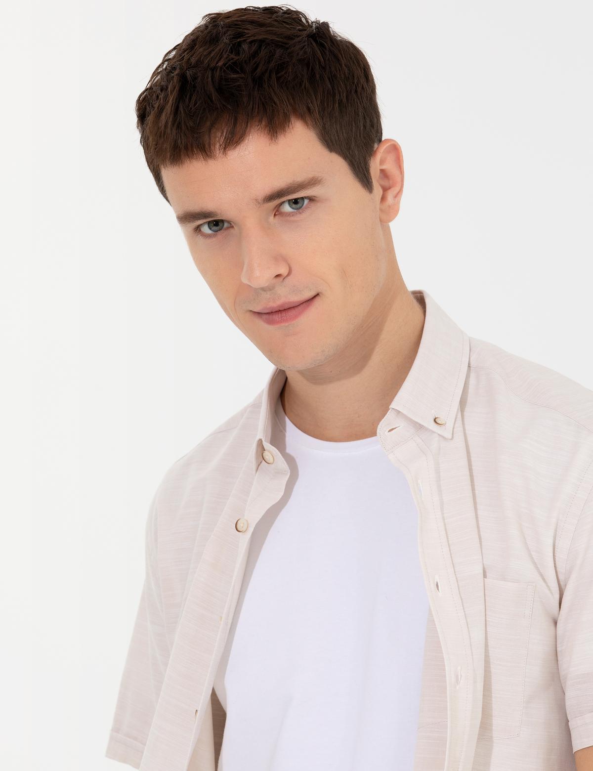 Bej Keten Görünümlü Regular Fit Kısa Kollu Gömlek - 50255247011