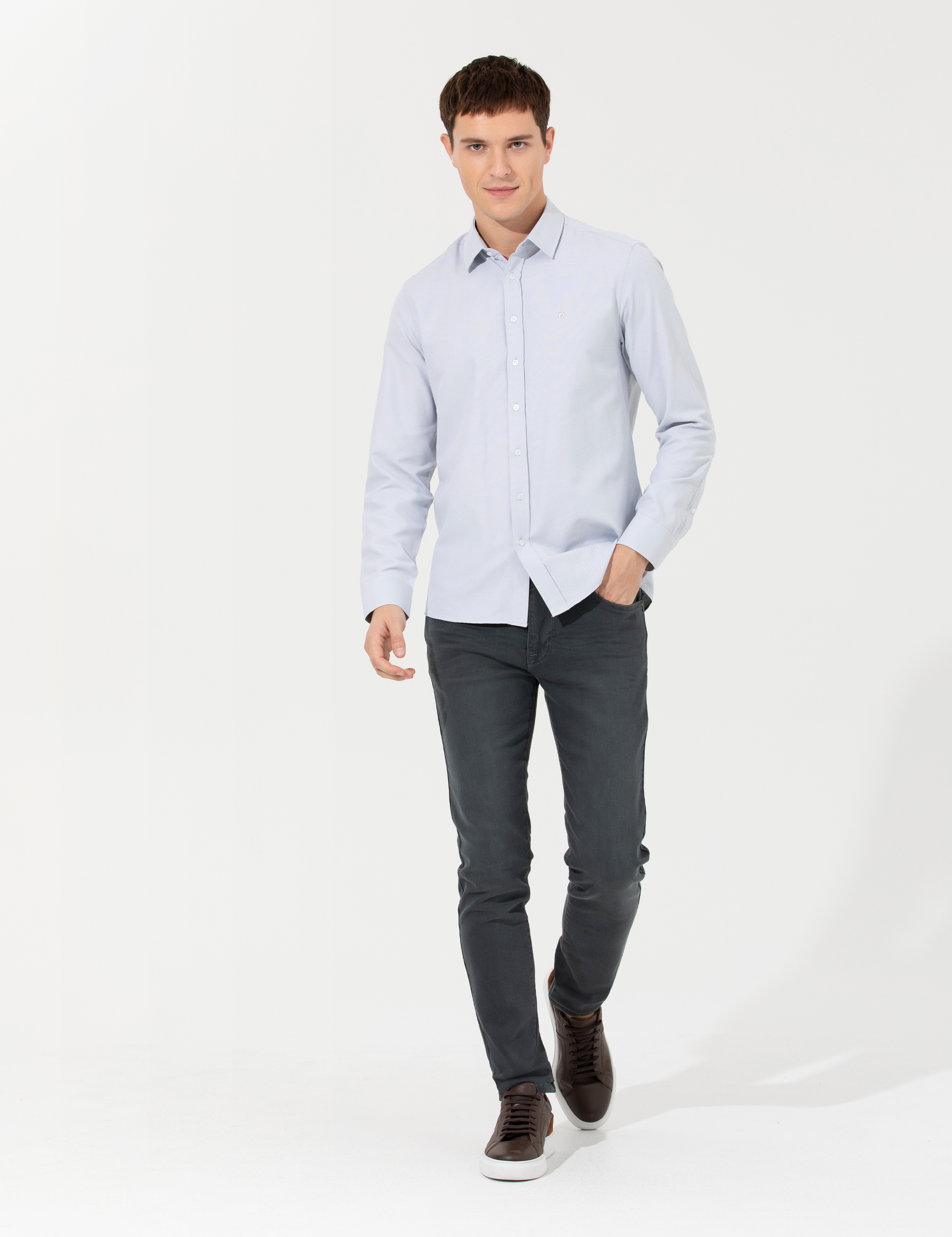 Gri Slim Fit Oxford Gömlek - Image 4