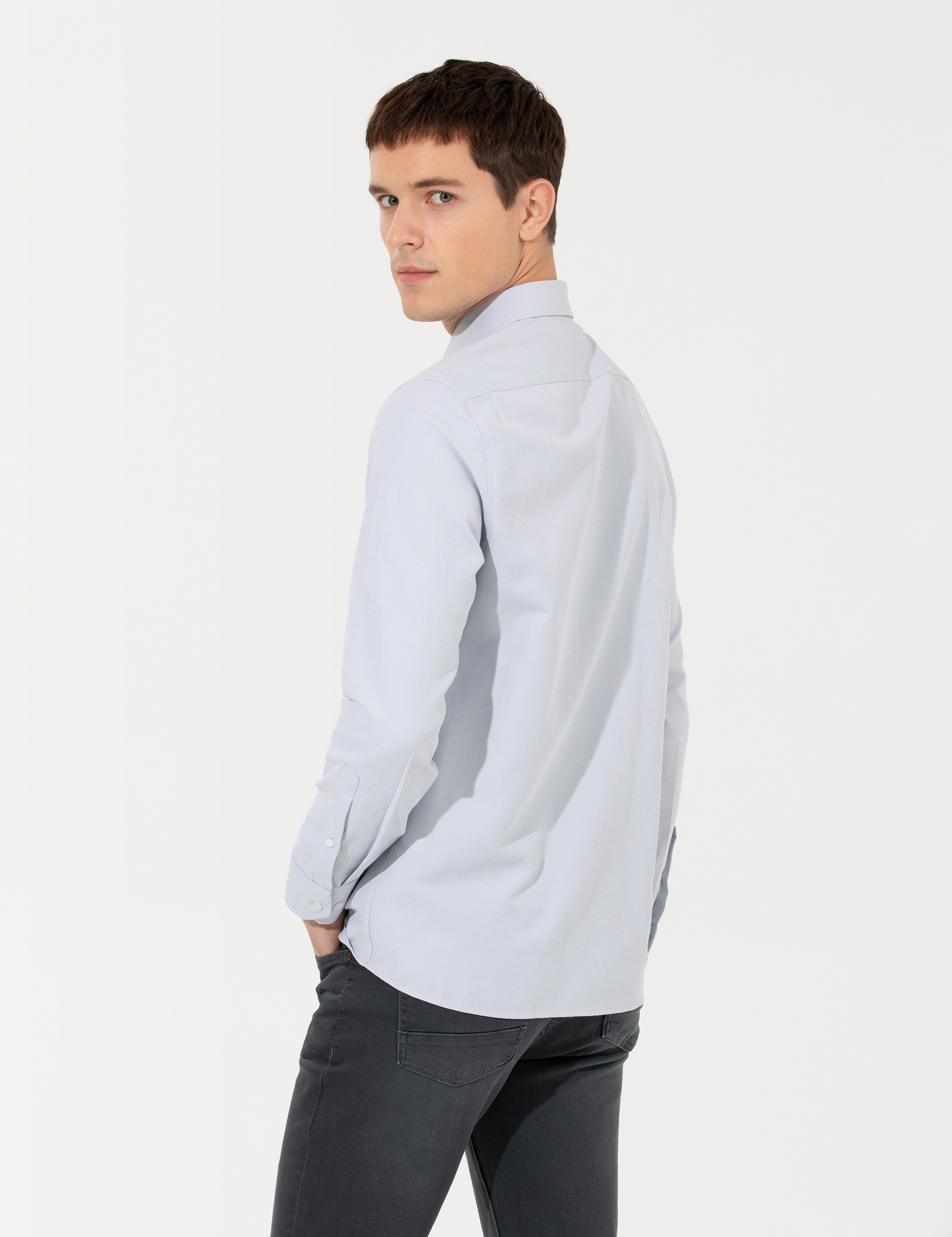 Gri Slim Fit Oxford Gömlek - Image 5