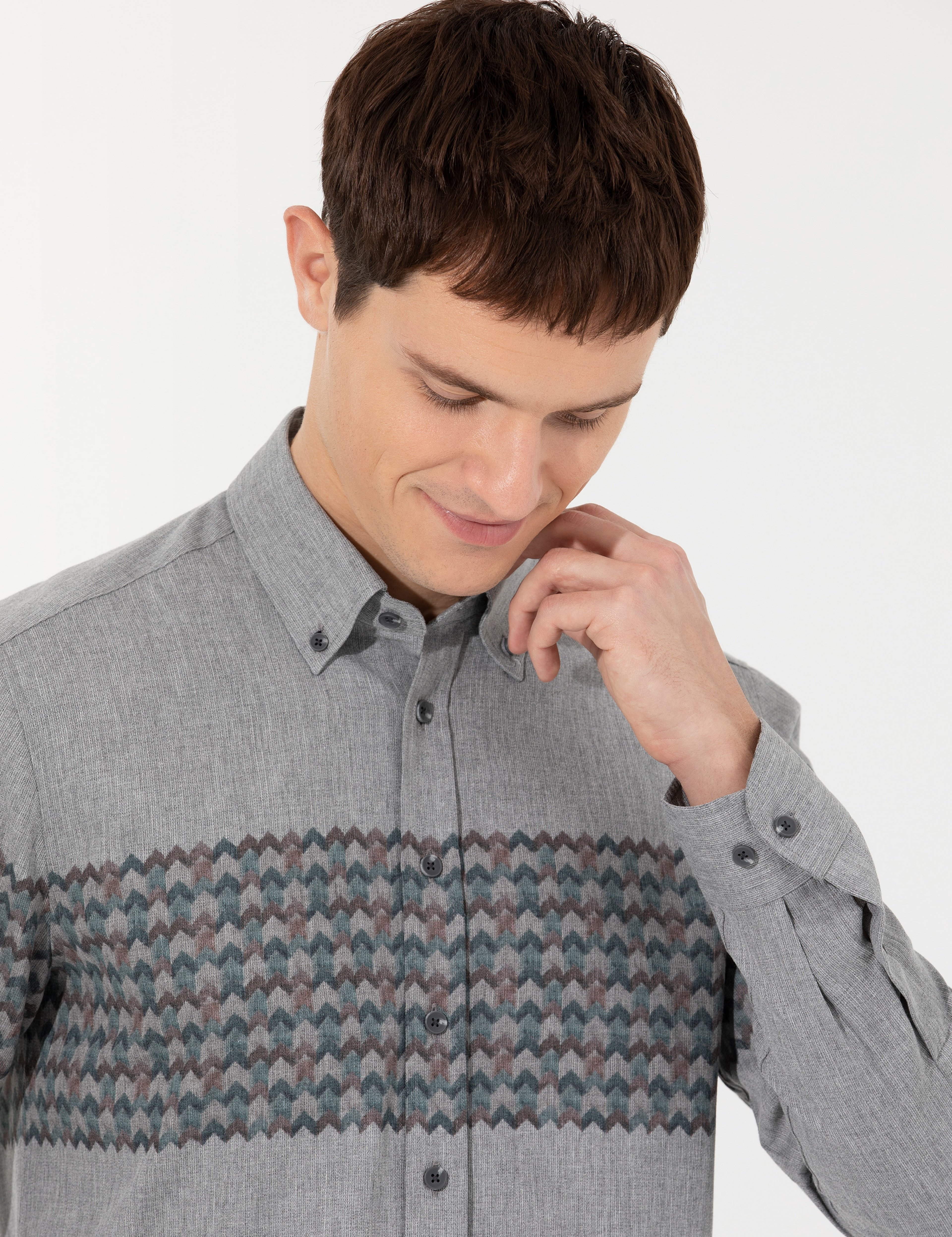 Açık Gri Slim Fit Uzun Kollu Gömlek - Image 1