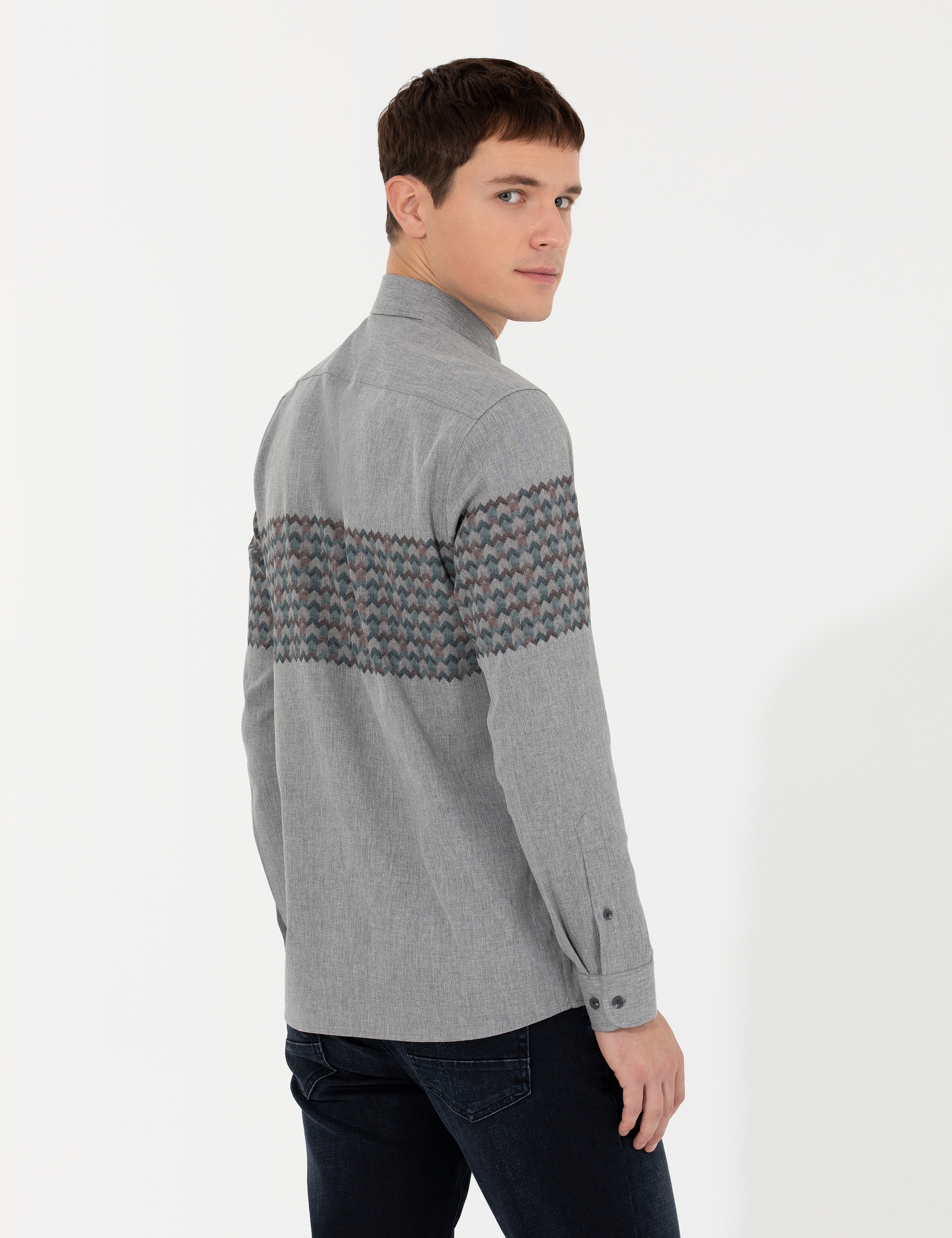 Açık Gri Slim Fit Uzun Kollu Gömlek - Image 5