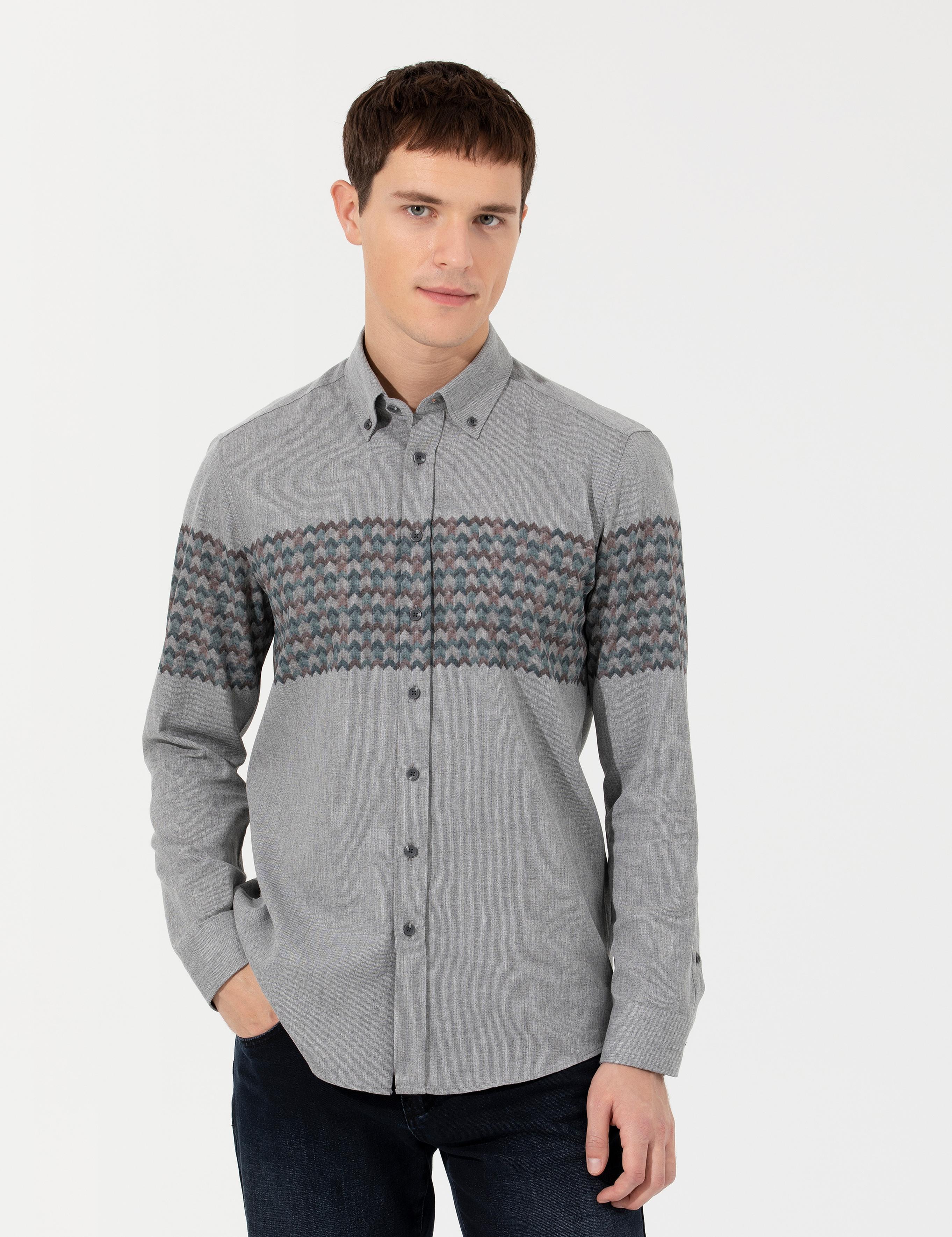 Açık Gri Slim Fit Uzun Kollu Gömlek