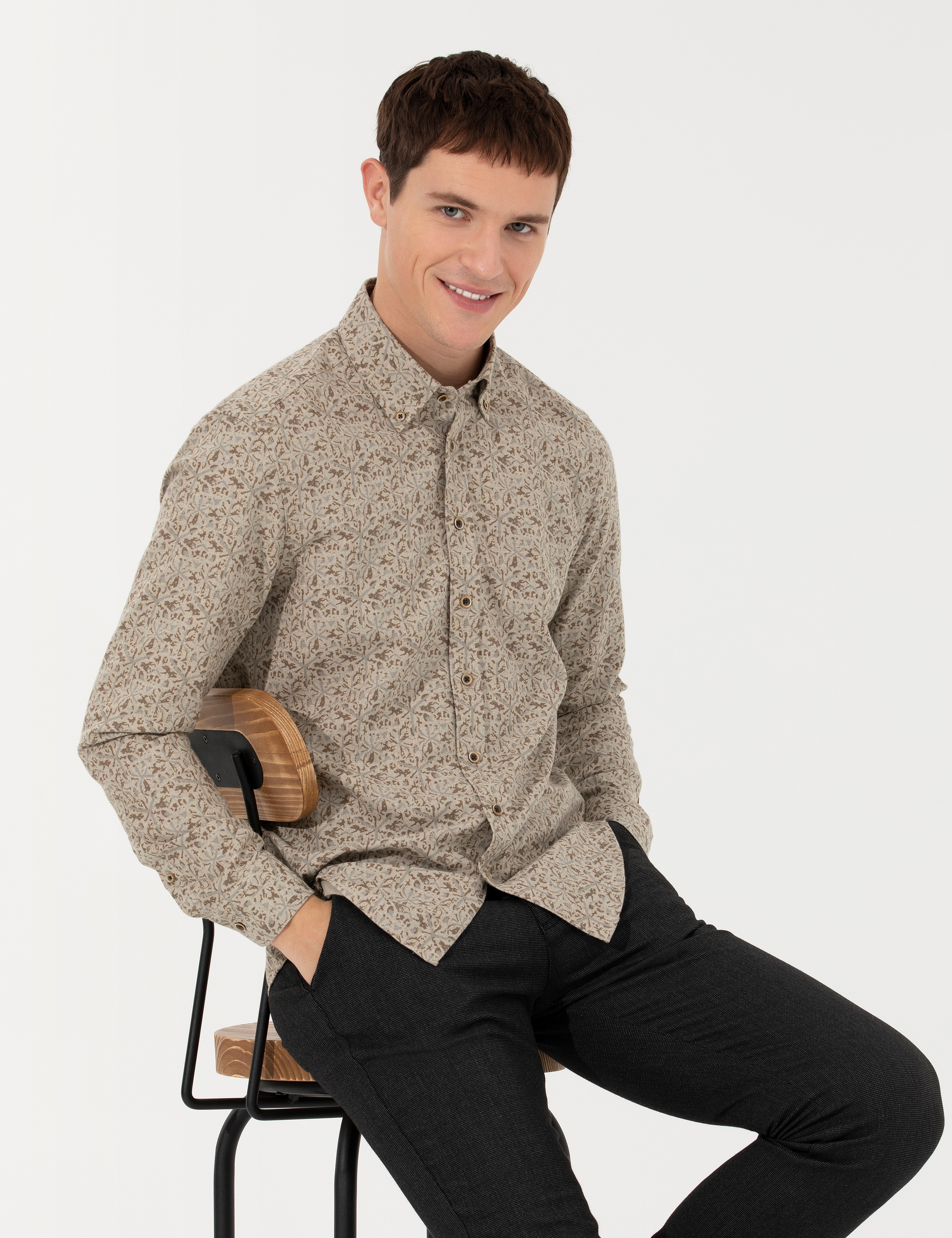 Bej Slim Fit Uzun Kollu Gömlek - Image 1