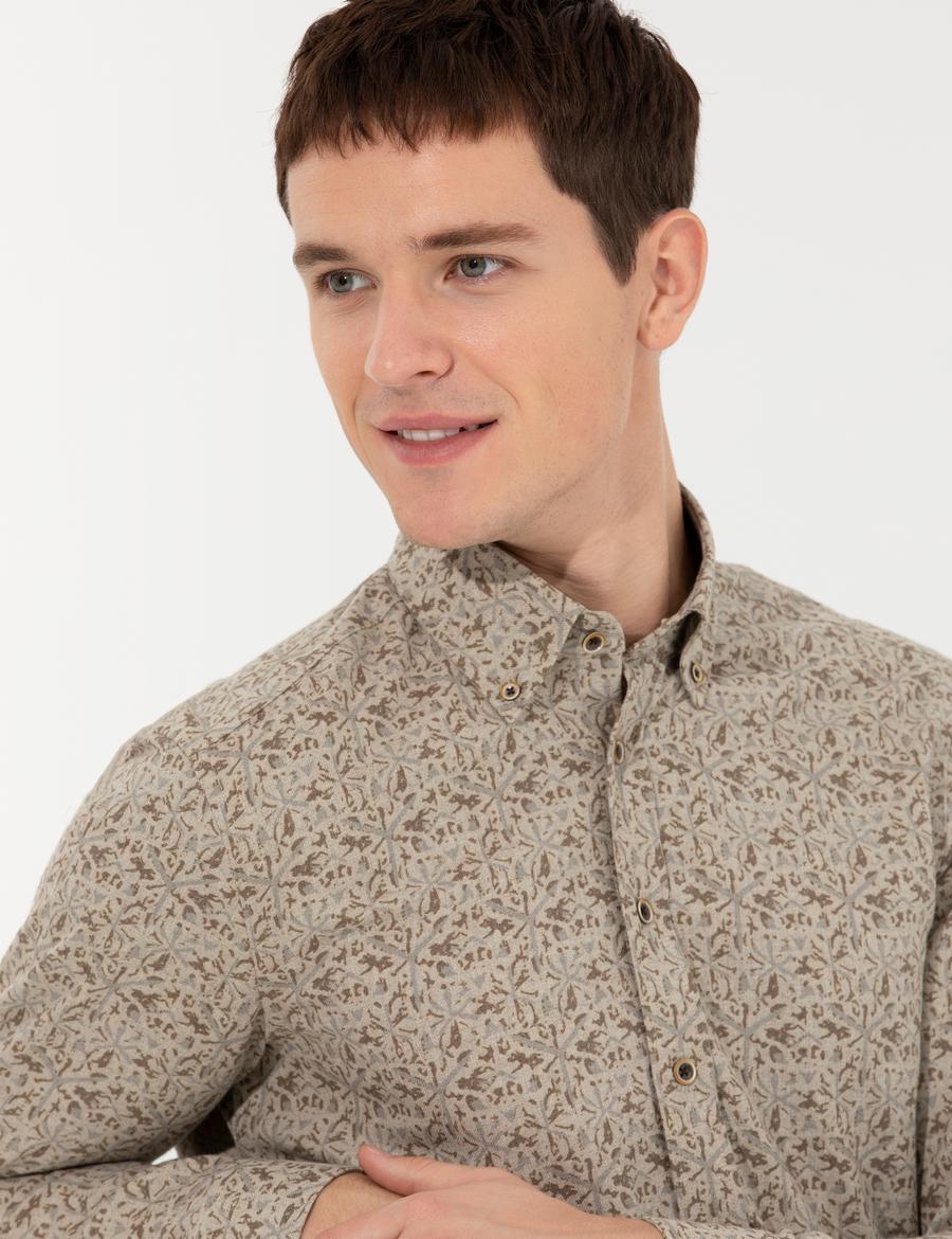 Bej Slim Fit Uzun Kollu Gömlek