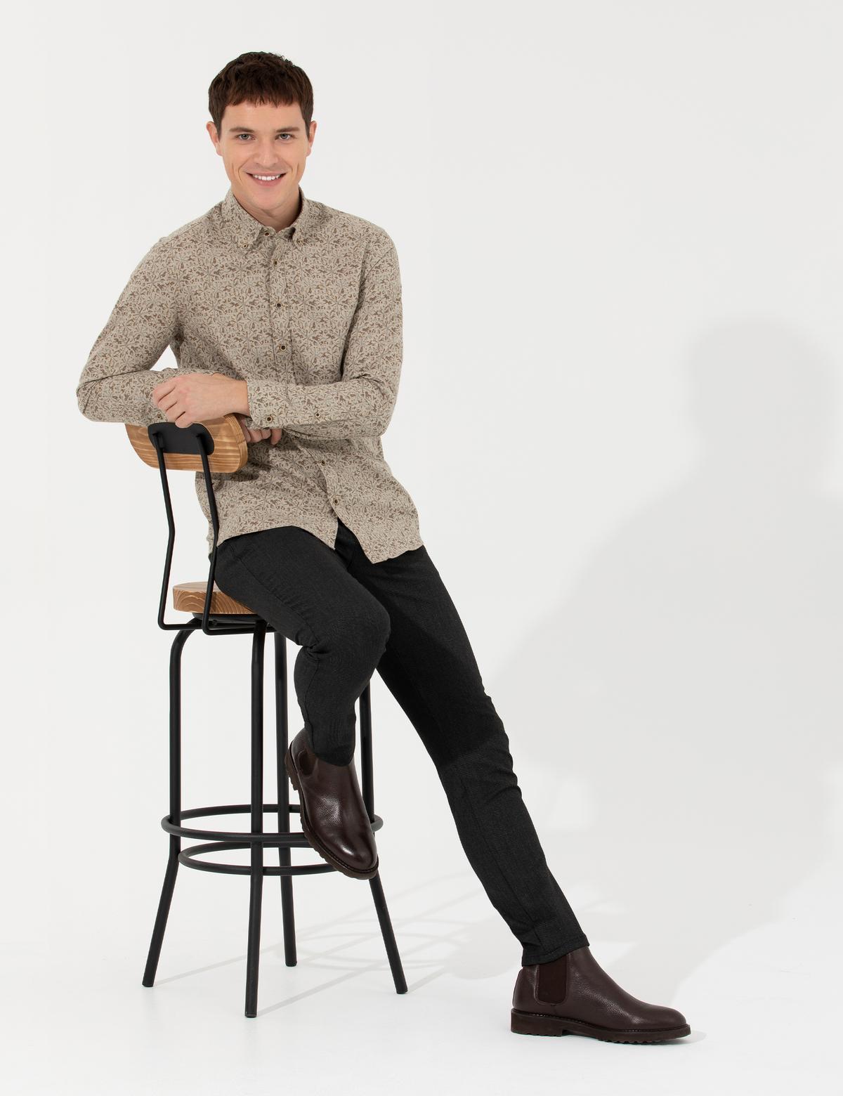 Bej Slim Fit Uzun Kollu Gömlek - 50259533009