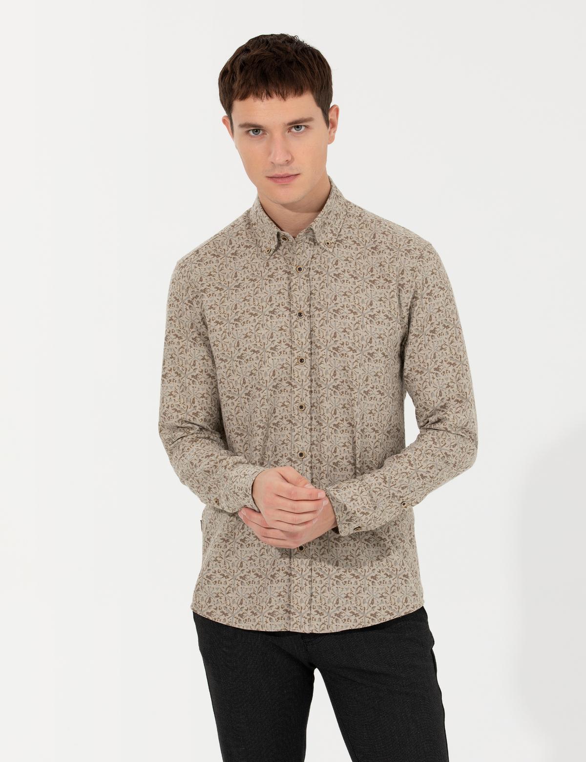 Bej Slim Fit Uzun Kollu Gömlek - 50259533009